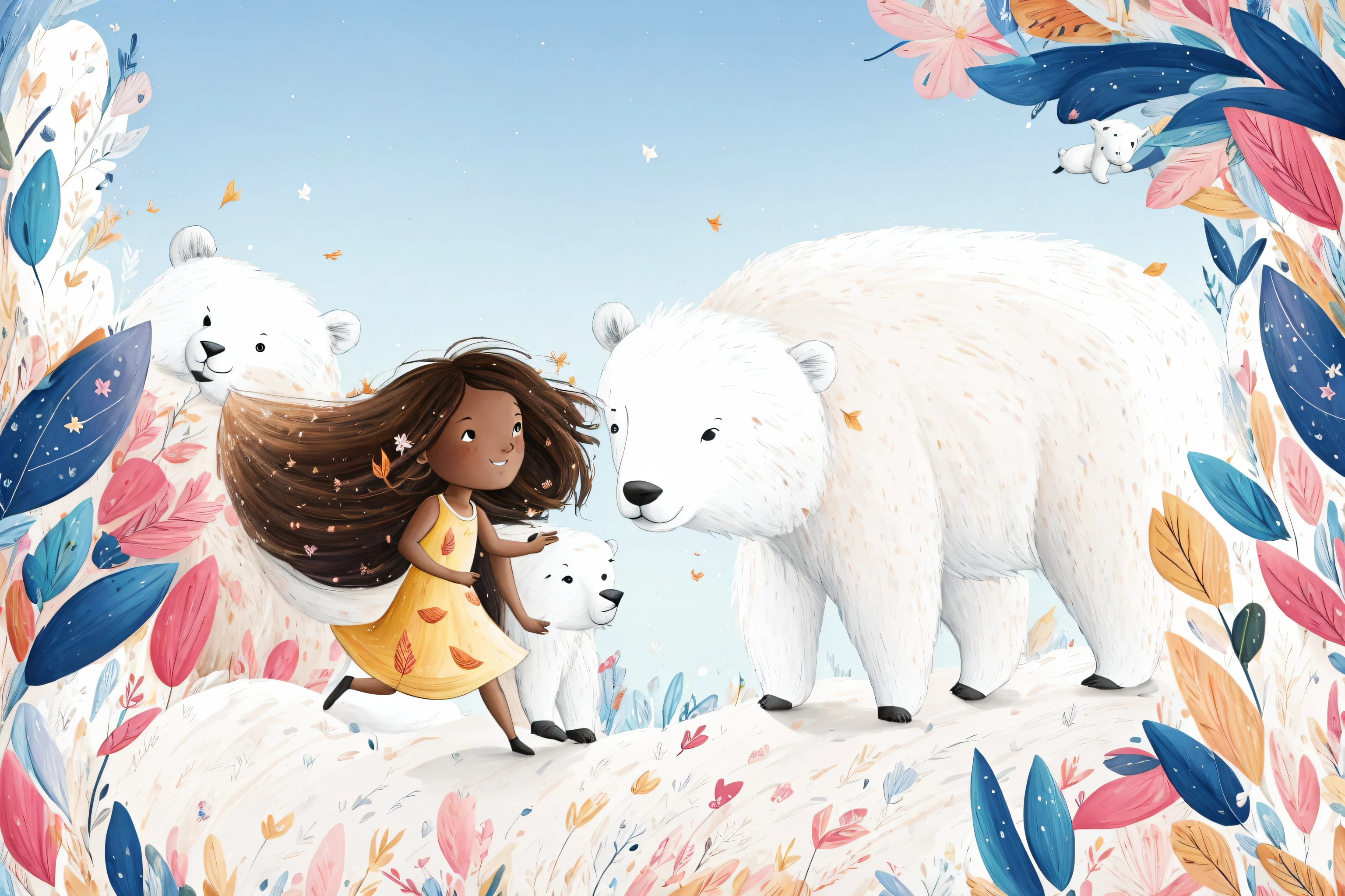 lucy fleming, lucy, fleming, inkcolor,
1girl, solo, long hair, blush, smile, freckles,flying leaves, flying flowers,
a girl leaning on a polar bear ,
bird, cat,
2d, lineart,
illustration,