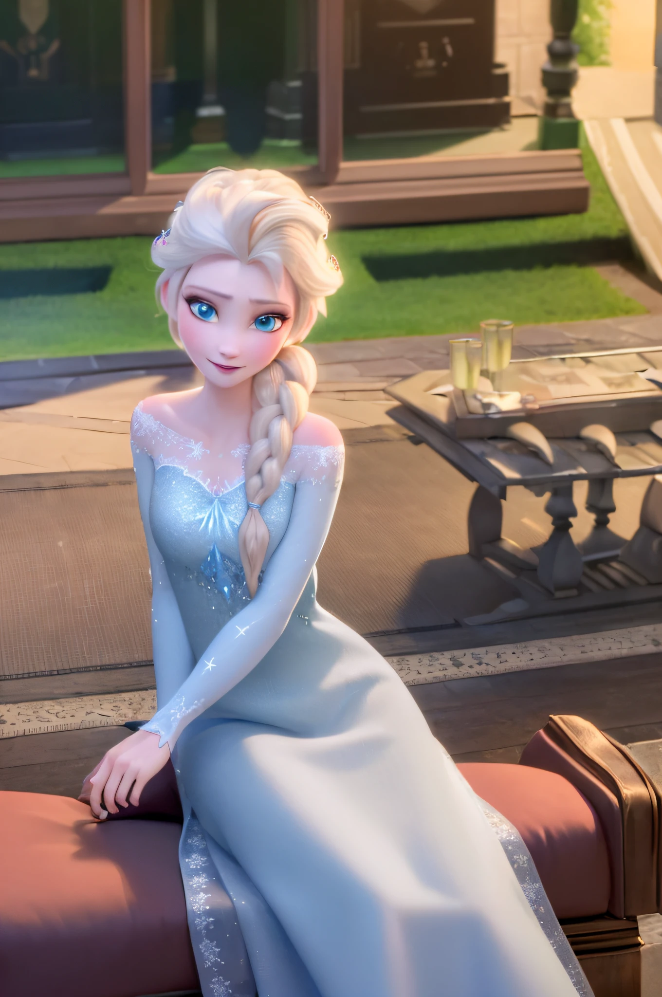 (masterpiece:1.4),(best qualit:1.4),(high resolution:1.4),elsa of arendelle,nightgown,sitting,single braid,(looking at viewer:1.1),(night:1.2),couch,fireplace,smile,1girl,solo,solo focus,