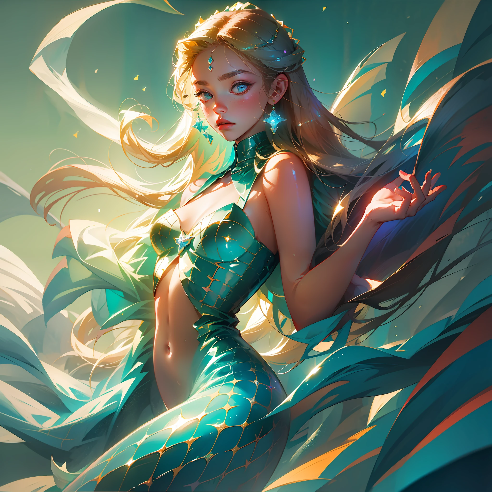 (8k, best quality, masterpiece: 1.2), (realism, fidelity: 1.37), super delicate, soft light, best quality, super high contrast, 1girl, incomparable mermaid, long blonde hair, pearl woven top, oversized fish tail, small red fish surround mermaid, blue gradient scales, blue deep sea background with coral reef and seaweed extension. Tyndall effect chiaroscuro super neon gloss --auto --s2