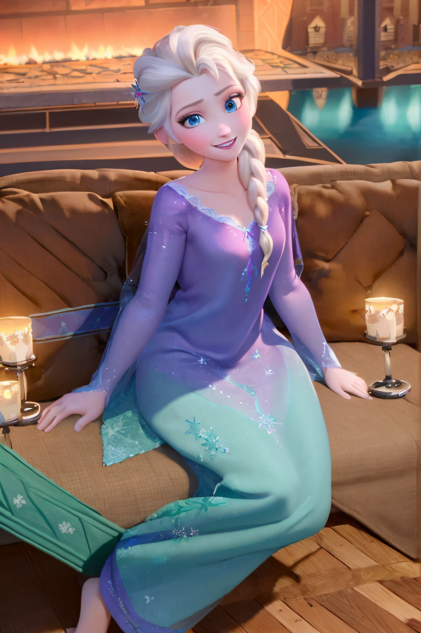 (masterpiece:1.4),(best qualit:1.4),(high resolution:1.4),elsa of arendelle,nightgown,sitting,single braid,(looking at viewer:1.1),(night:1.2),couch,fireplace,smile,1girl,solo,solo focus,