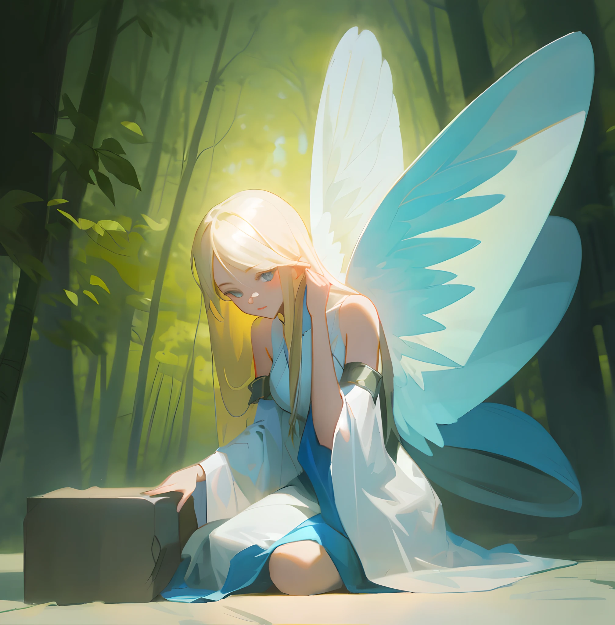 ((masterpiece,best quality,highres, original, extremely detailed wallpaper, lighting,detailed lighting)),(Highest picture quality),(Master's work),(ultra-detailed),(Masterpiece),highres, ((illustration)),1 girl, perfect face, perfect figure, white long hair, blue transparent wings, leaky shoulders, clothes with high-end accessories, (forest background: 1.5), Dingdall effect