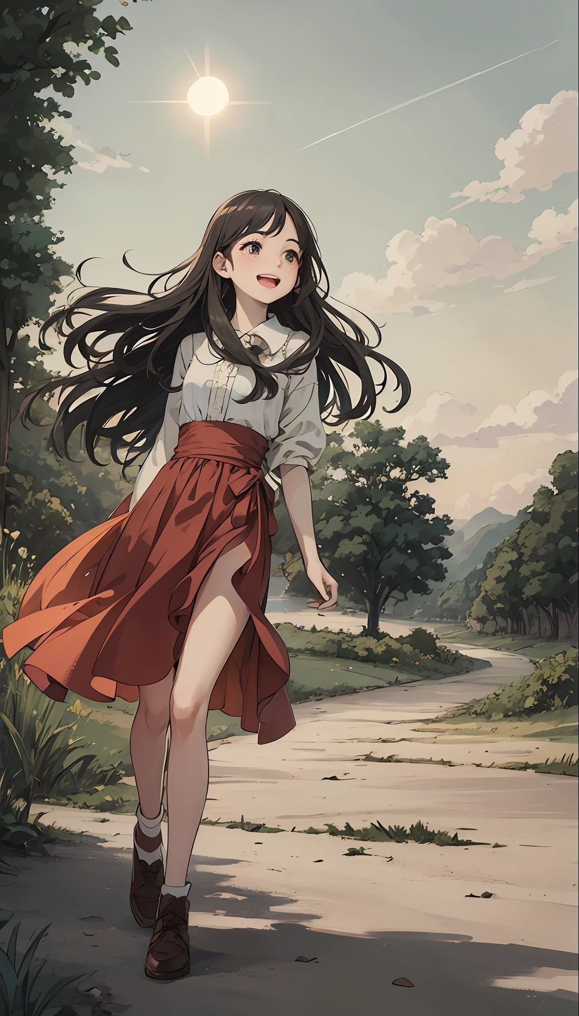 Fantasy.The sun, the wind, the summer sky, memories, Confident, Brave, Beautiful, Radiance, Vibrant, laughing happily, Success, Potential, Joy, Hope,the wide road, looking into the distance, blush. Hand drawing illustration. highly detailed. Cinematic lighting,chinese,perfect face,indifferent,skinny