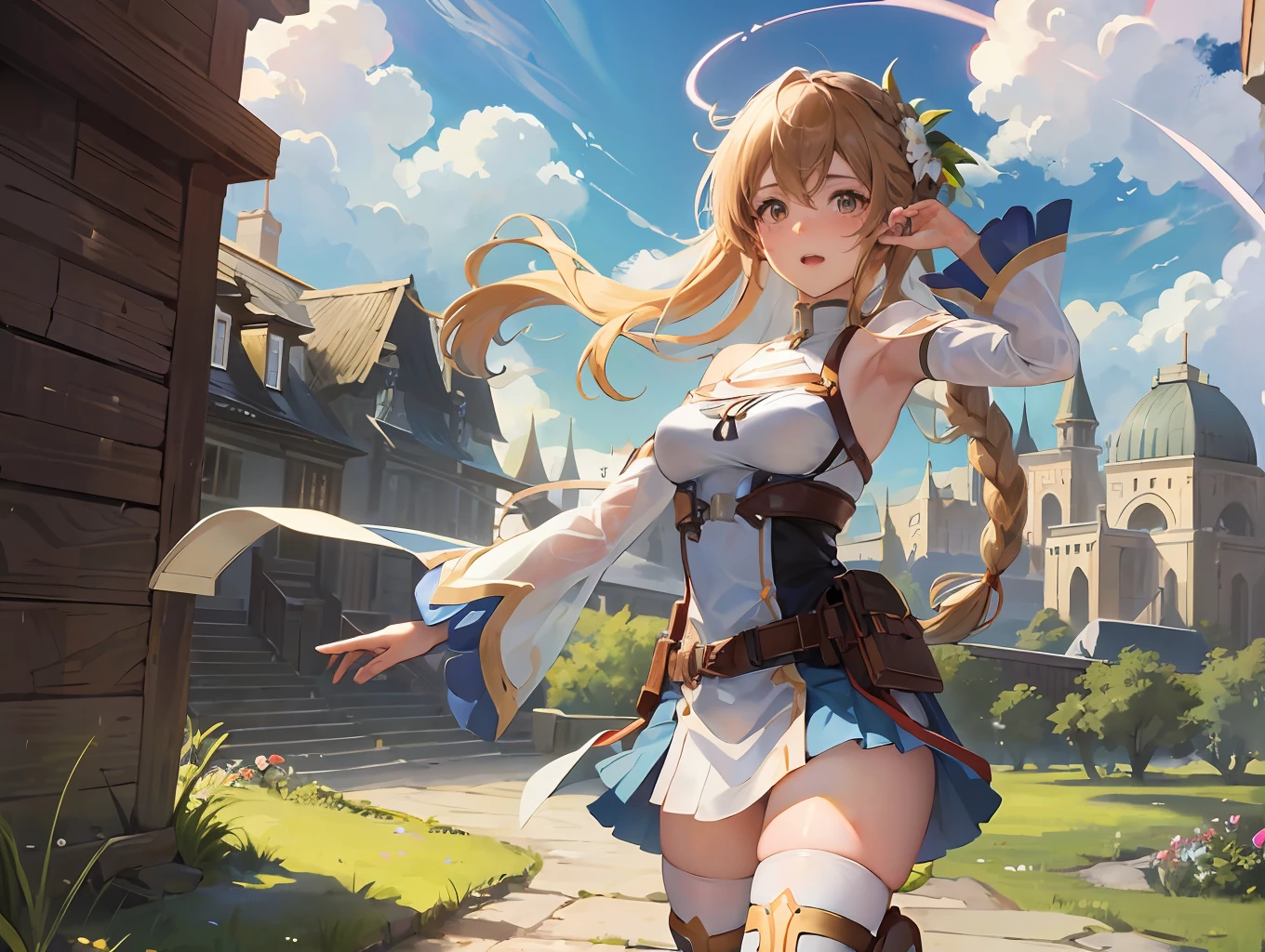 1girl, asuna_\(sao\), bangs, bare_shoulders, blue_sky, blush, boots, braid, breastplate, breasts, brown_eyes, opened_mouth, cloud, cloudy_sky, day, detached_sleeves, grass, hair_between_eyes, long_hair, looking_at_viewer, mountain, outdoors, rock, dancing, thin skirt, sky, smile, solo, , very_long_hair, big boobs,( clothes see through 1.2), Fantasy anime lighting, fantasy anime, NSWF, Nude --auto --s2