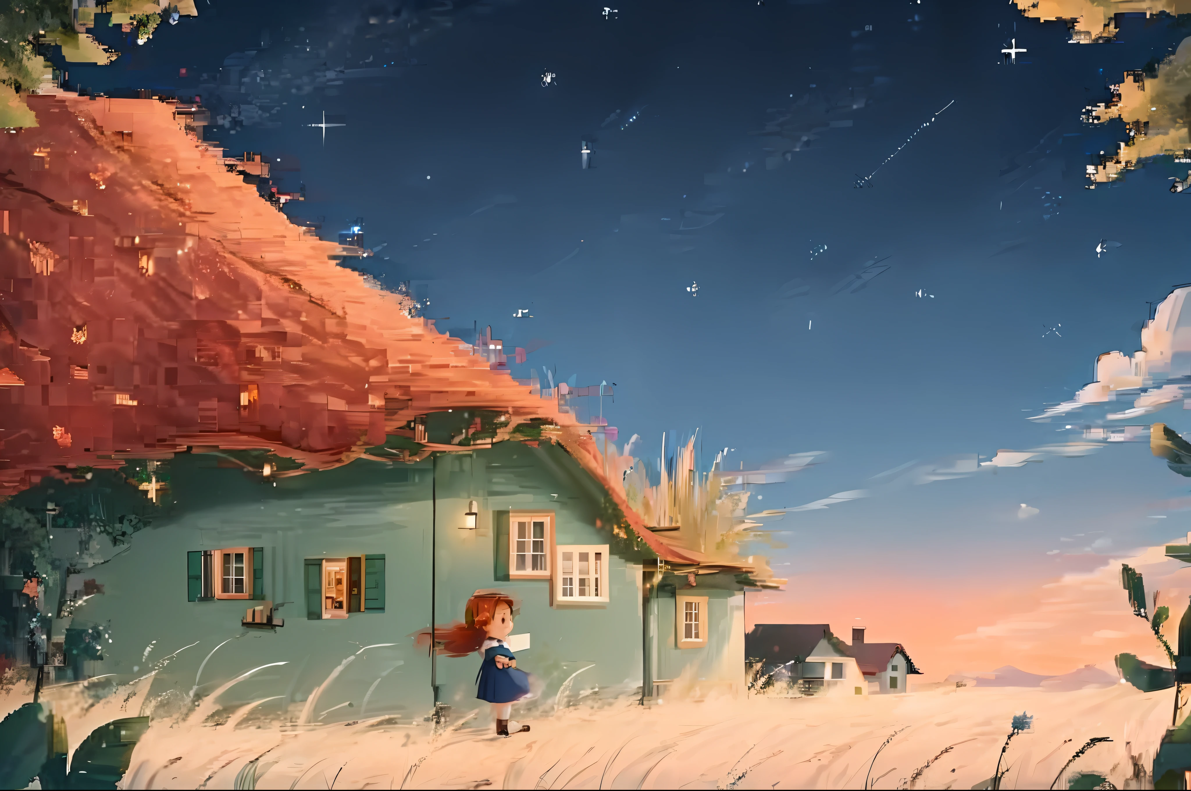 Anne discovers Green Gables' home: when Anne first came to Green Gables, she was fascinated by this warm and beautiful place, 2D, line art, illustrations