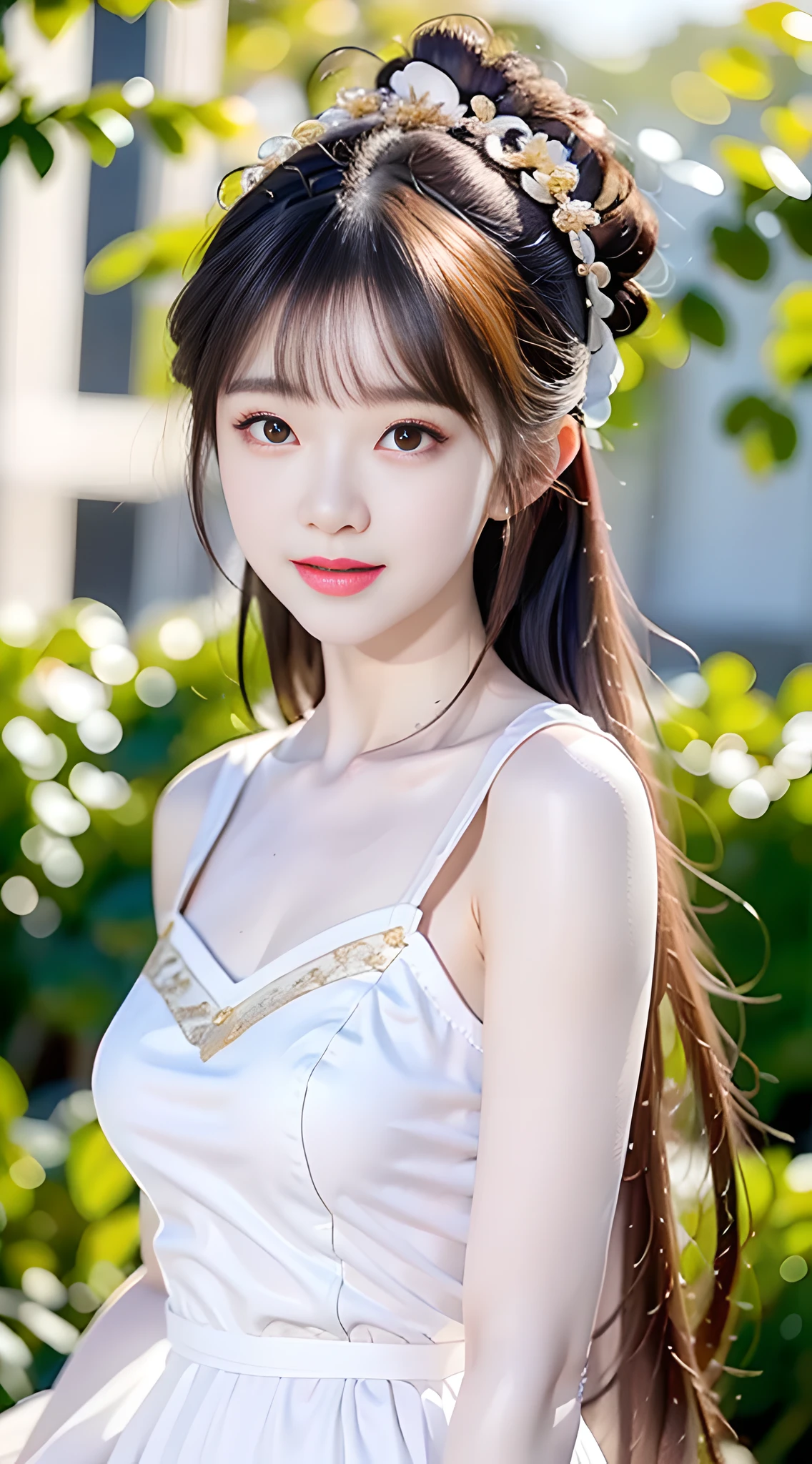 closeup on face, Face shot, (White dress :1.7), short  miko skirt, Long streamers, blonde hairs, golden hair, (Pointed ears: 1.5), (Gold pattern quality:1.3), female pubic hair, with long blond hair, Off-the-Shoulders, Top detail CG quality 4K wallpaper, Master, A Masterpiece, portraits, The middle, Watch the footage, Beautiful Chinese-Korean mixed race idol, ((Super fine face, detailed description of facial features)), Lip biting makeup, Sweet smile, Perfect facial features, Model figure, Good complexion, the trees, branches, Golden meadow, stream, Golden leaves, Evening, Twilight, The setting sun, Twilight, autumn, twin braids, hair strand, diagonal bangs, hair ribbon, hair ornament, forehead jewel, jeweled branch of hourai, crescent hair ornament, fish hair ornament, hime cut, low ponytail, realism, god rays, sparkle, cinematic lighting, lens flare, UHD, high details, high quality, highres, best quality, 8k, 16k, high details, high quality, super detail, anatomically correct, masterpiece, ccurate