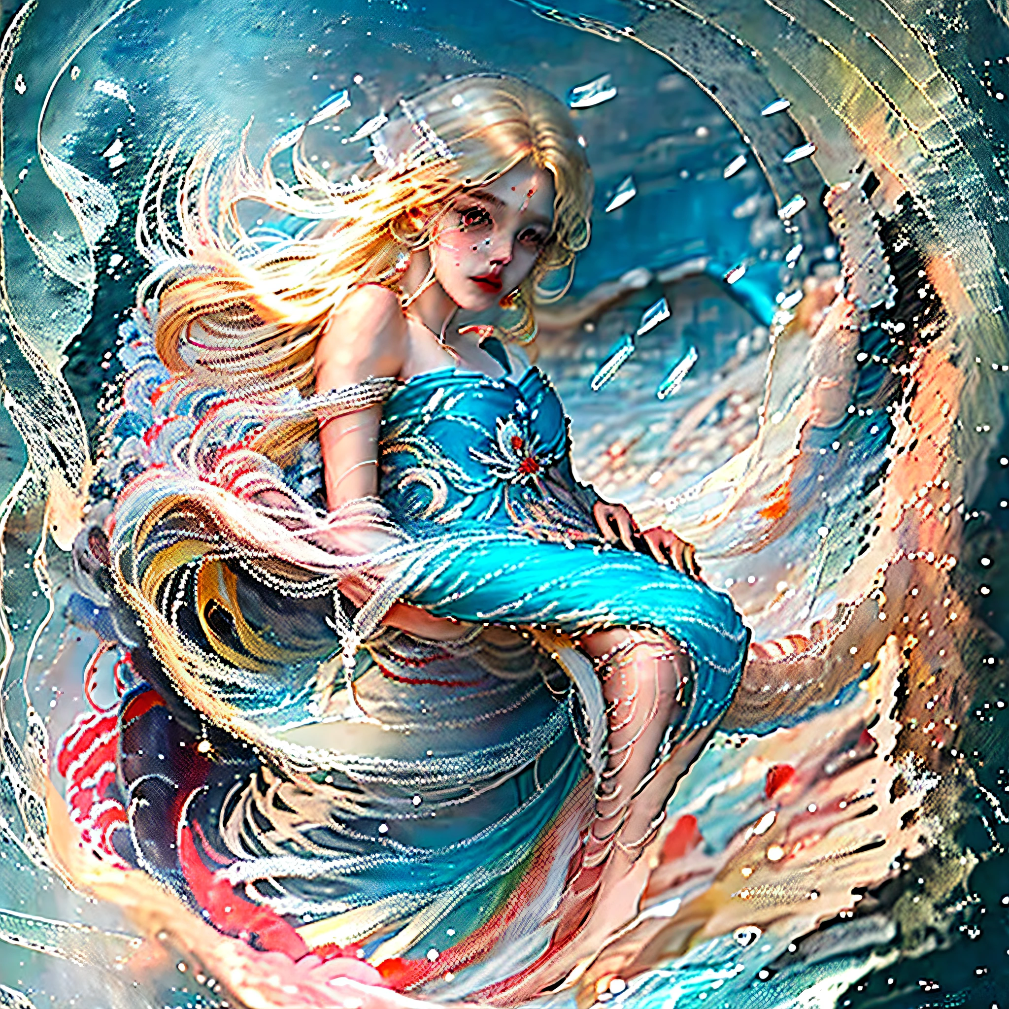 (8K, Best Quality, Masterpiece: 1.2), (Realistic, Fidelity: 1.37), Super Delicate, Soft Light, Best Quality, Ultra High Contrast, 1girl, Incomparable Mermaid, Long Blonde Hair, Pearl Shell Braided Top, Oversized Fish Tail, Action Stand Red Small Fish Wrapping Mermaid, Blue Gradient Scales, Blue Deep Sea Background with Extension of Coral Reef and Seaweed. Tyndall effect chiaroscuro super neon gloss --auto --s2