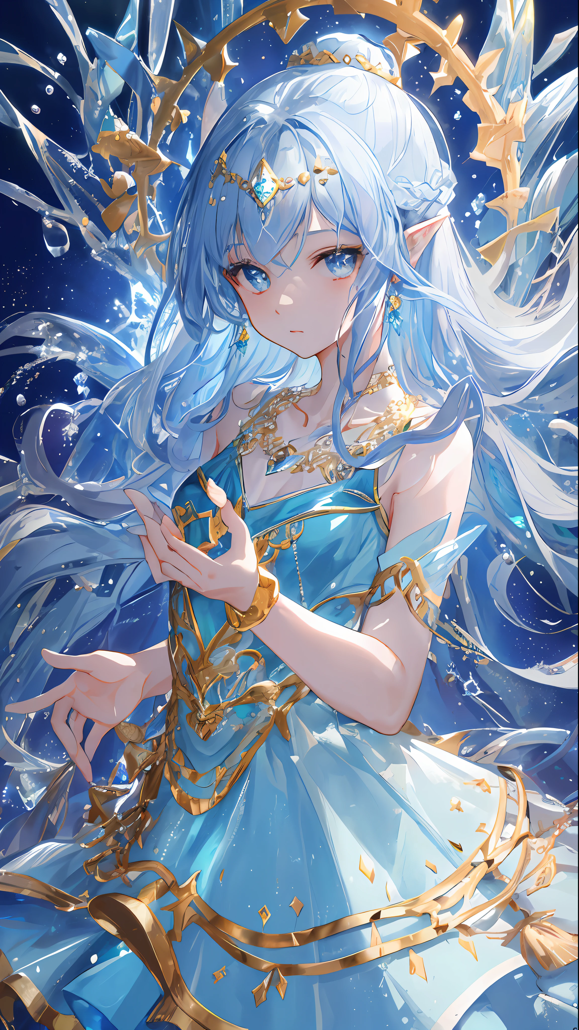 Masterpiece, superb, illustration, saxophone blue, platinum earrings, 1girl, cute, (dynamic light: 1.2), movie light, exquisite facial features, detailed eyes, sharp pupils, realistic pupils, depth of field, background blur, clear focus , (ultra-detailed, halo, glow: 1.4), many small gemstones, a crown woven with golden silk thread is worn in the ice blue hair, the ears behind the hair have pointed ears, the girl has a beautiful face, a pair of The necklace with the blue crystal pendant falls between the collarbone, and below it is the full white chest. She is wearing a water blue long dress, which is exquisite and gorgeous. The skirt has small pendants in the shape of water droplets made of various gemstones