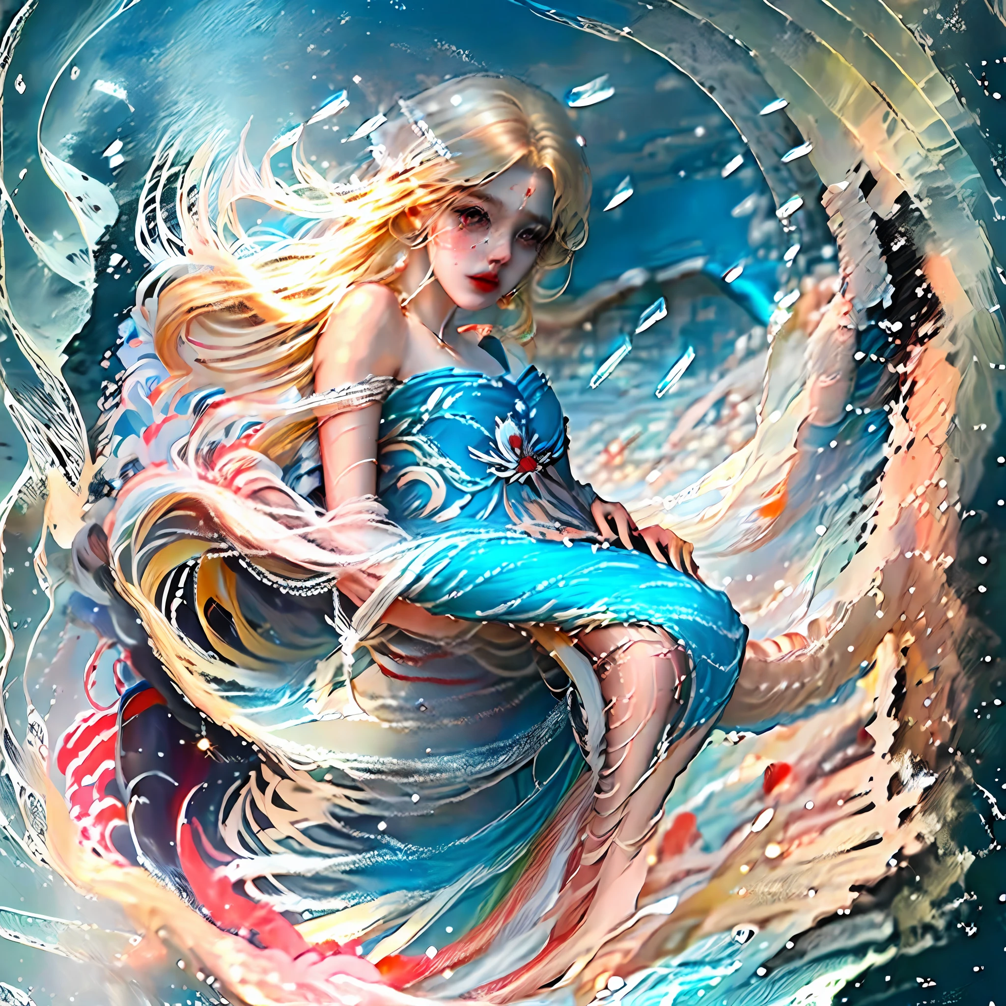 (8K, Best Quality, Masterpiece: 1.2), (Realistic, Fidelity: 1.37), Super Delicate, Soft Light, Best Quality, Ultra High Contrast, 1girl, Incomparable Mermaid, Long Blonde Hair, Pearl Shell Braided Top, Oversized Fish Tail, Action Stand Red Small Fish Wrapping Mermaid, Blue Gradient Scales, Blue Deep Sea Background with Extension of Coral Reef and Seaweed. Tyndall effect chiaroscuro super neon gloss --auto --s2