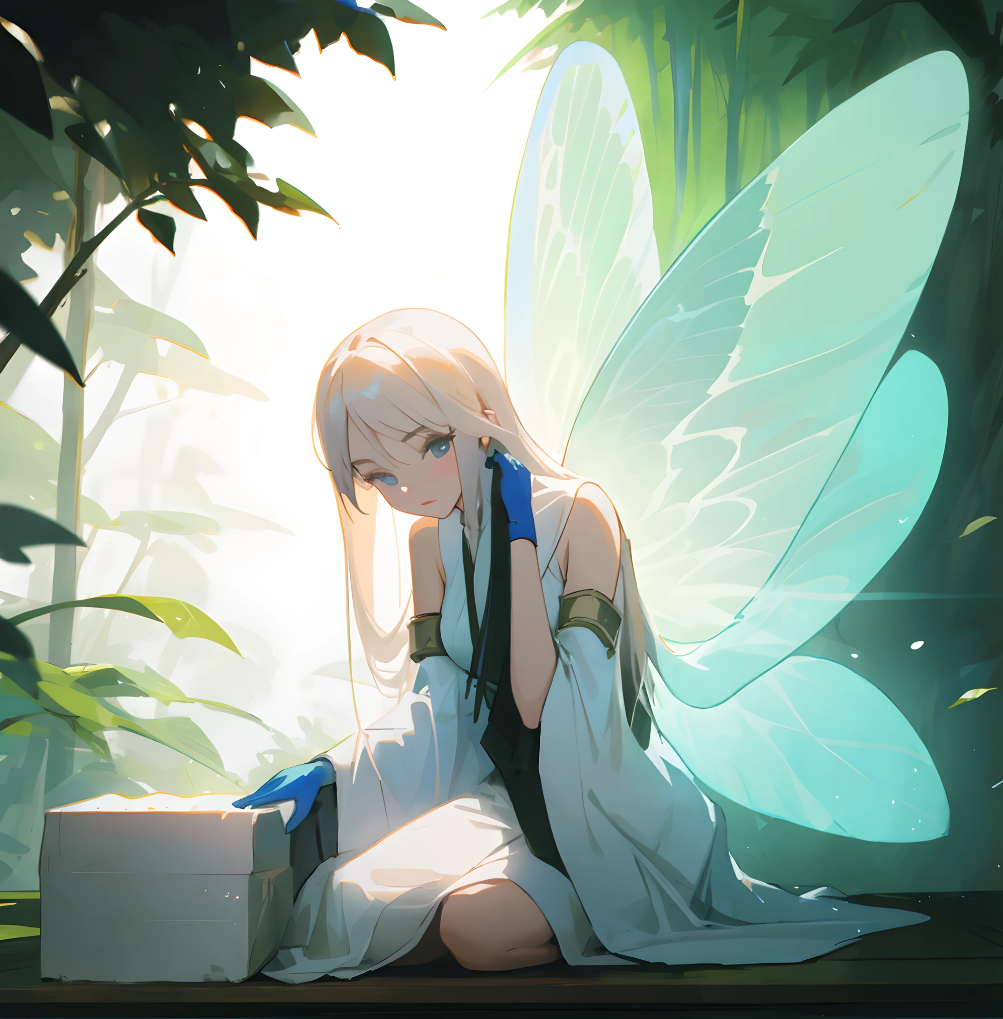 ((masterpiece,best quality,highres, original, extremely detailed wallpaper, lighting,detailed lighting)),(Highest picture quality),(Master's work),(ultra-detailed),(Masterpiece),highres, ((illustration)),1 girl, perfect face, perfect figure, white long hair, blue transparent wings, leaky shoulders, clothes with high-end accessories, (forest background: 1.5), Dingdall effect