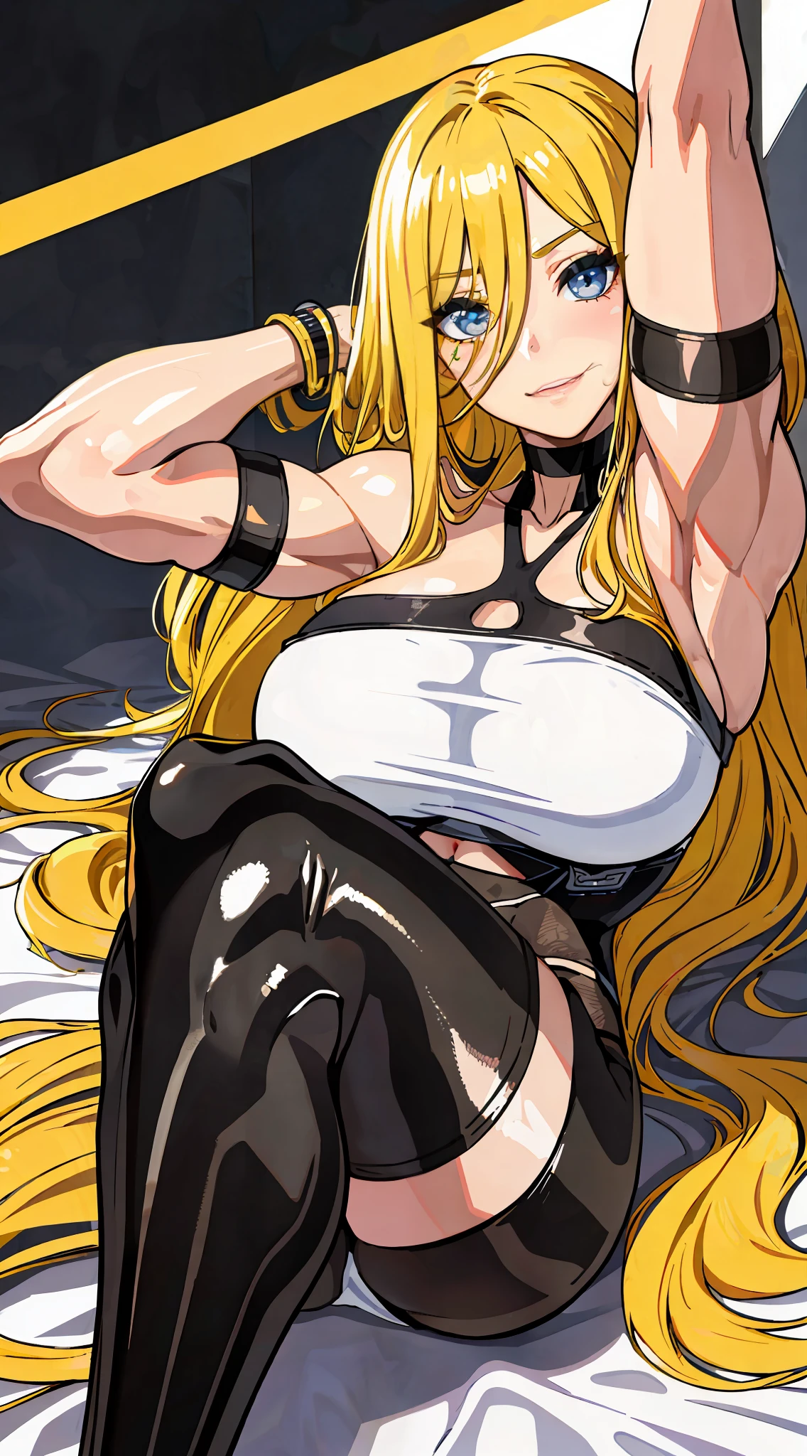 (Masterpiece, best quality), 1 girl, NSFW, ((muscle girl) abdomen, legs, arms, thighs, all strong and tornados), crossed_legs, huge breasts, laughs512, dark eyeshadow makeup, dark lips, (black bodycon dress), (aroused_face:1.4), bed, shame, show-off, big chest, panties, light, oversized shirt, (long yellow hair: 1.4), bra,, lying down, legs open, camel finger, cum in tight panties
