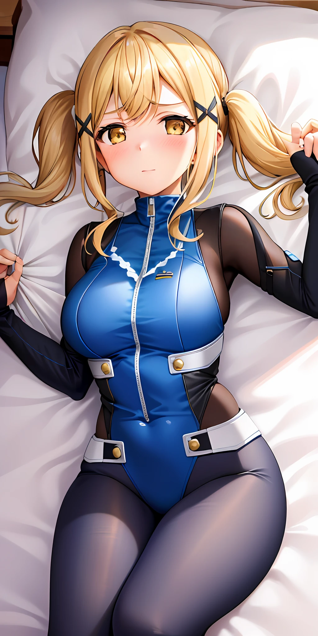 1girl, solo, arisa ichigaya, blonde long twintails, x hair ornament, large breasts, tight bodysuit, lying on bed, (from above view), blushing:1.3, cum on breasts:1.3