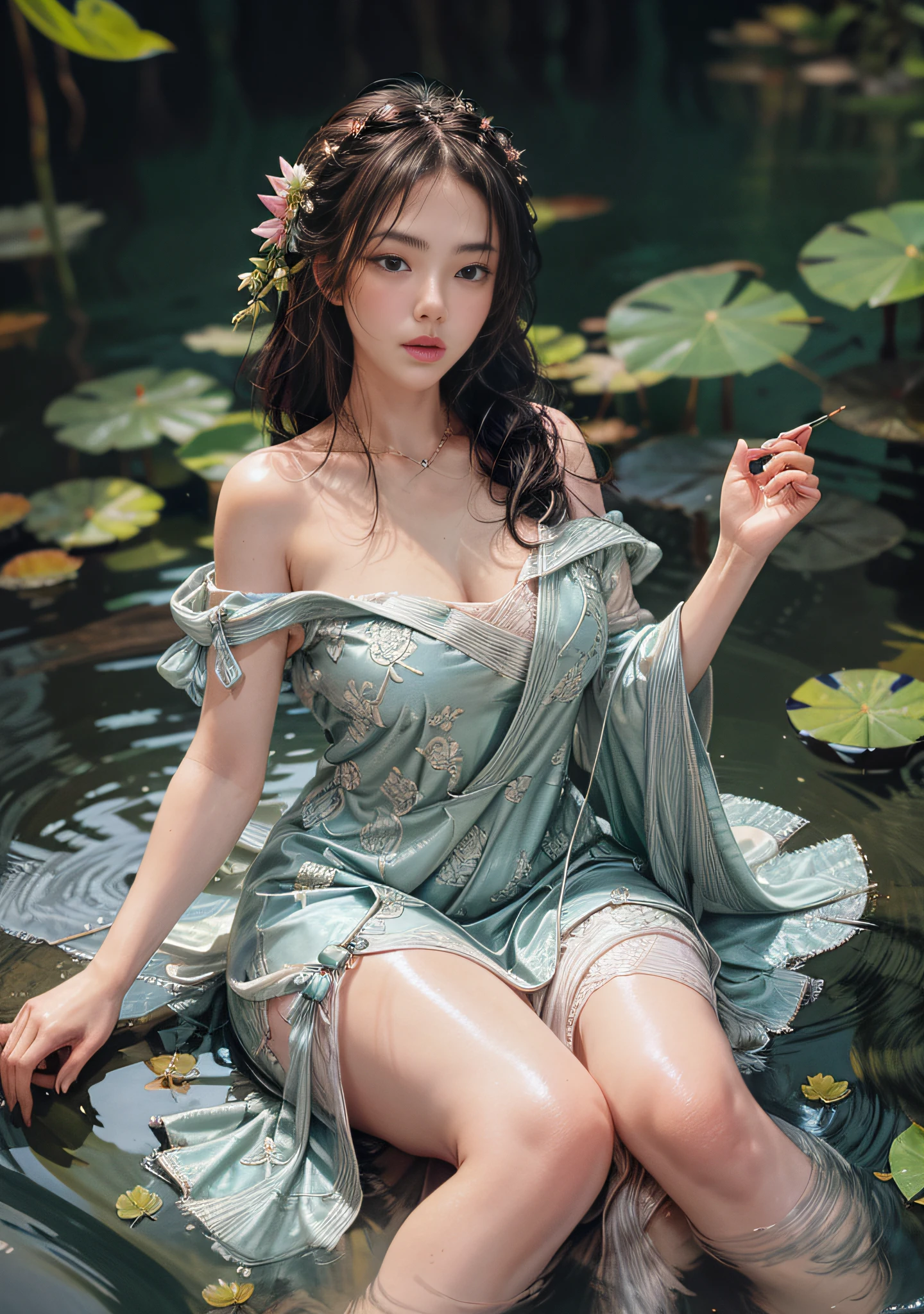 Sitting by a lake full of lotus flowers and playing with her feet in the water, the art depicts a charming woman with a normal face, dressed in a flowing, silky traditional oriental dress, long, taro purple, decorated with intricate patterns and bright colors. Her dress drapes elegantly over her curvy figure, accentuating her seductive silhouette. She sits gracefully by the tranquil lotus lake, her feet playing in the water, bathed in the soft glow of the moonlight. The scene exudes an ethereal and dreamy atmosphere, with a touch of mystery and sexiness. The graphic style blends watercolor and digital illustration techniques to evoke a refined beauty and charm. The lights are filled with soft moonlight, casting soft highlights and shadows on her charming features. Bare thighs, big breasts, three-dimensional facial features, sitting, upturned legs, side braids