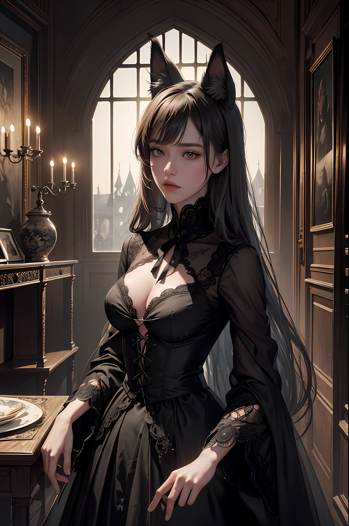 Official Art, Unity 8k Wallpaper, Super Detailed, Beautiful, Beautiful, Masterpiece, Top Quality, Unrivaled,
darkness, atmosphere, mystery, romanticism, erotic, creepy, literature, art, fashion, Victorian, decoration, complexity, silverware, lace, contemplation, emotional depth, supernatural,
1 Girl, fox ears, solo, neck, breast composition