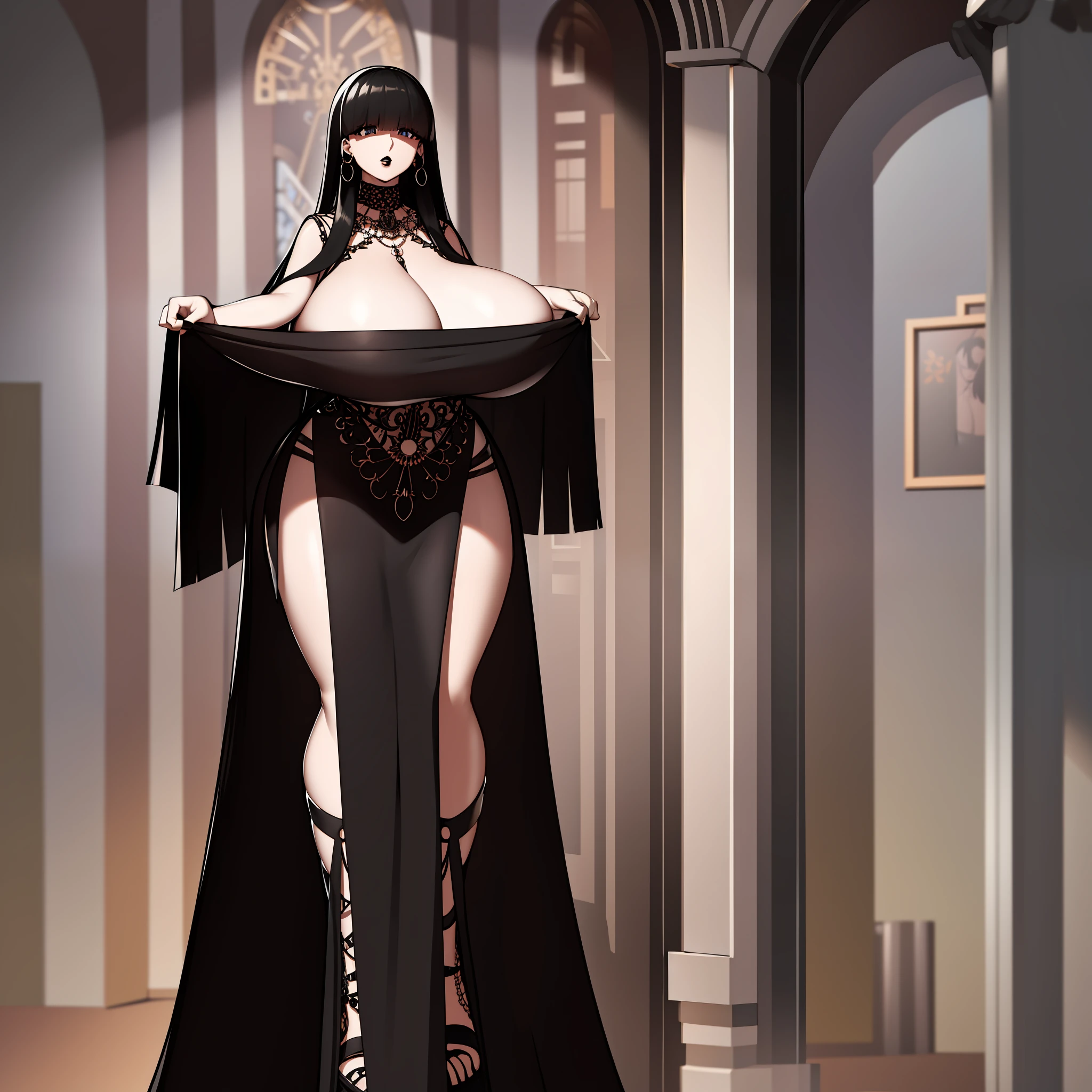 Goth, huge chest, tall woman, long dress, long dress, body of venus, mature female,1character?girl