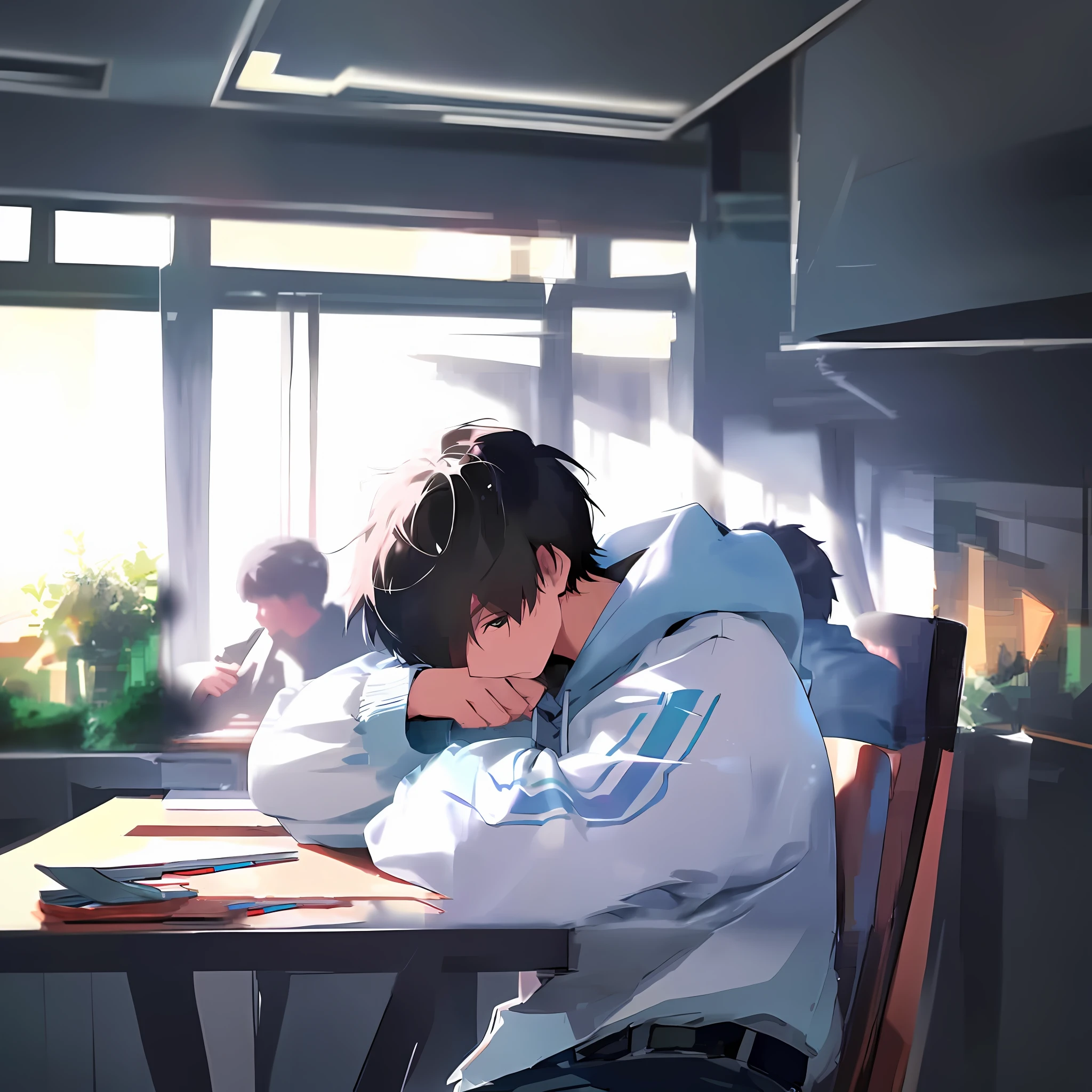 anime boy sitting at a table with his head on his hands, guweiz and makoto shinkai, makoto shinkai art style, ( ( makoto shinkai ) ), makoto shinkai. —h 2160, makoto shinkai!, makoto shinkai style, makoto shinkai!!, makoto shinkai. digital render