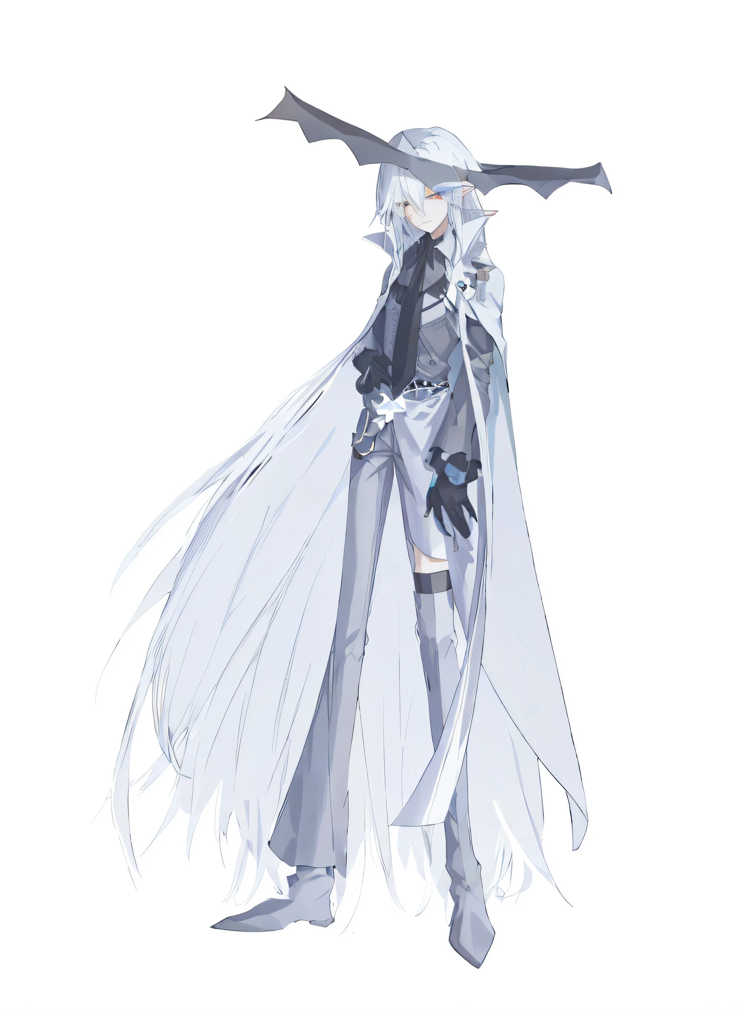 Anime characters with long white hair and cape, dark full body pose, dark character, ((character concept art)), official character art, protagonist, silver eye full body, zero zen art, very long white cloak, L vampire, high precision, fine, male character, HD face, fine eyes, black tie, black gloves, unilateral cape, modern clothing, gray shirt, light gray boots, elf ears --auto --s2