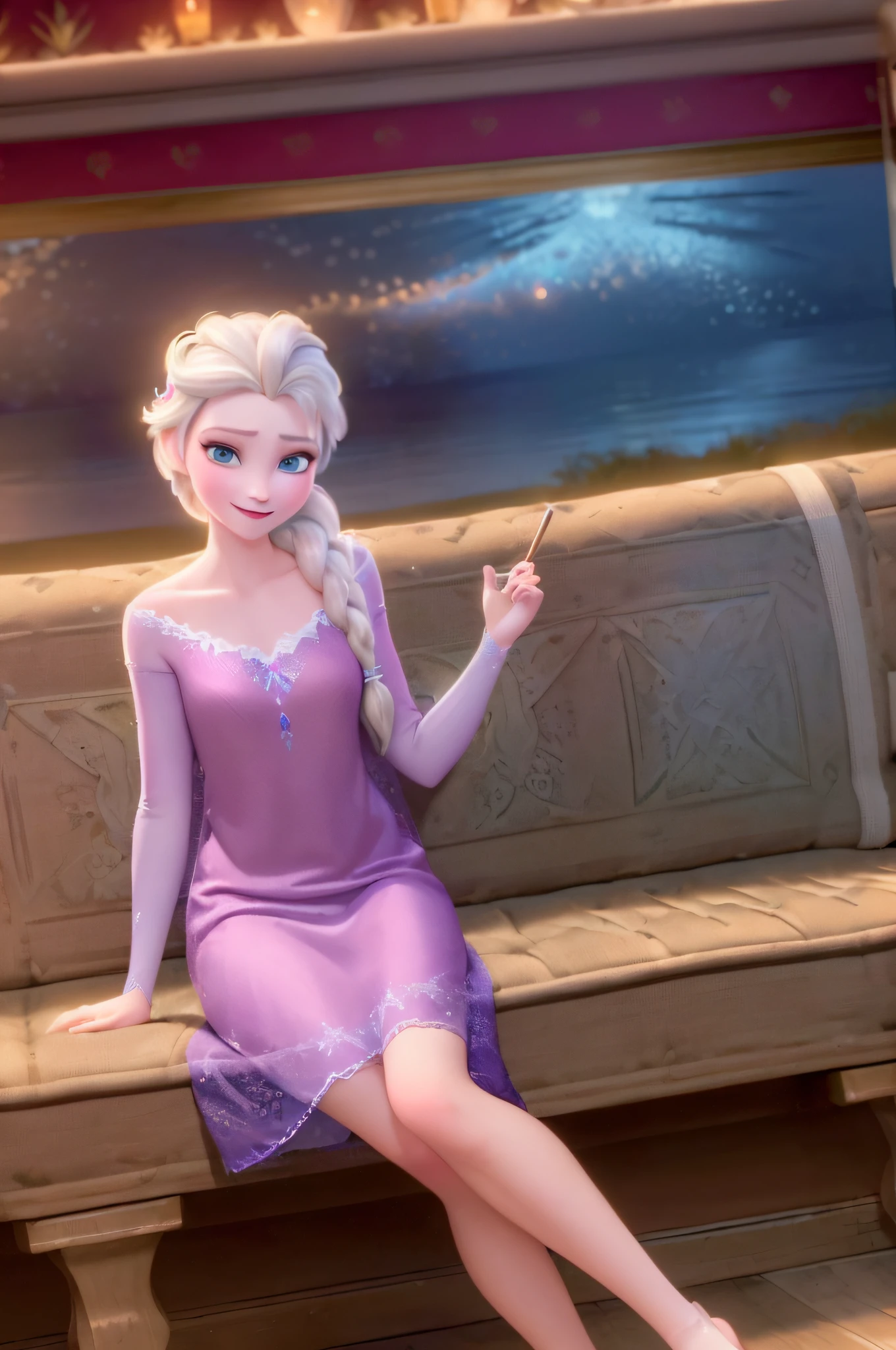 (masterpiece:1.4),(best qualit:1.4),(high resolution:1.4),elsa of arendelle,nightgown,sitting,single braid,(looking at viewer:1.1),(night:1.2),couch,fireplace,smile,1girl,solo,solo focus,