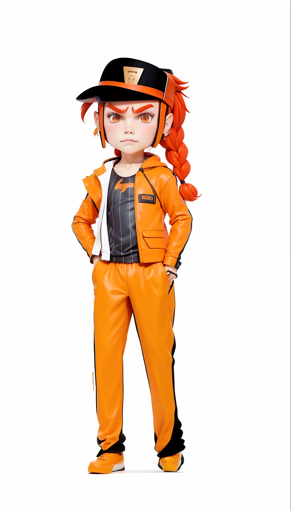 Fierce man in orange clothes, black hat, red-haired man