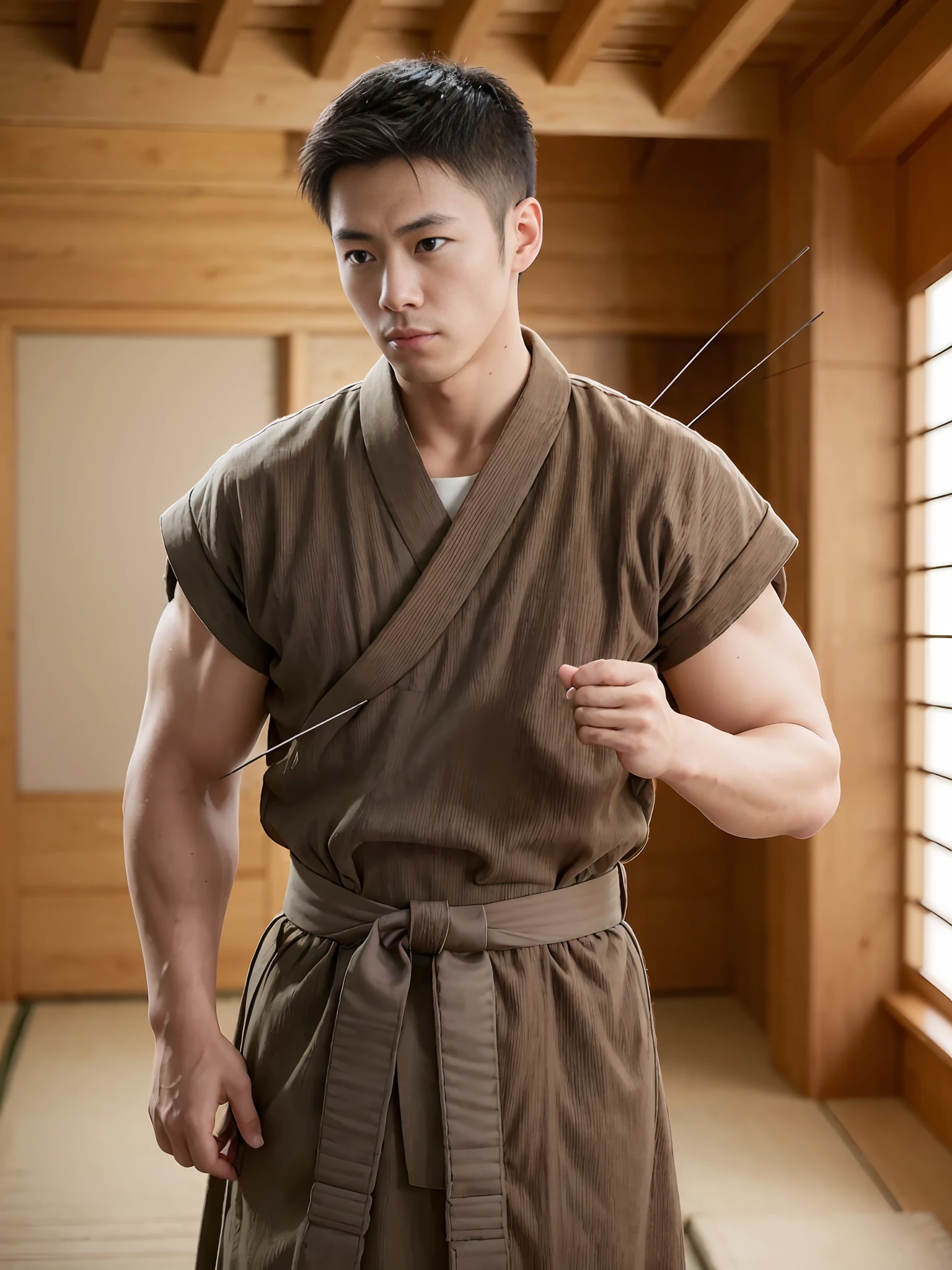 1 Japan youth, macho, muscular, handsome, blonde, kimono, hakama, indoor, old folk house, dojo, bow and arrow, kyudo, kyudo target, realistic skin type, simple necklace, practice, sweat