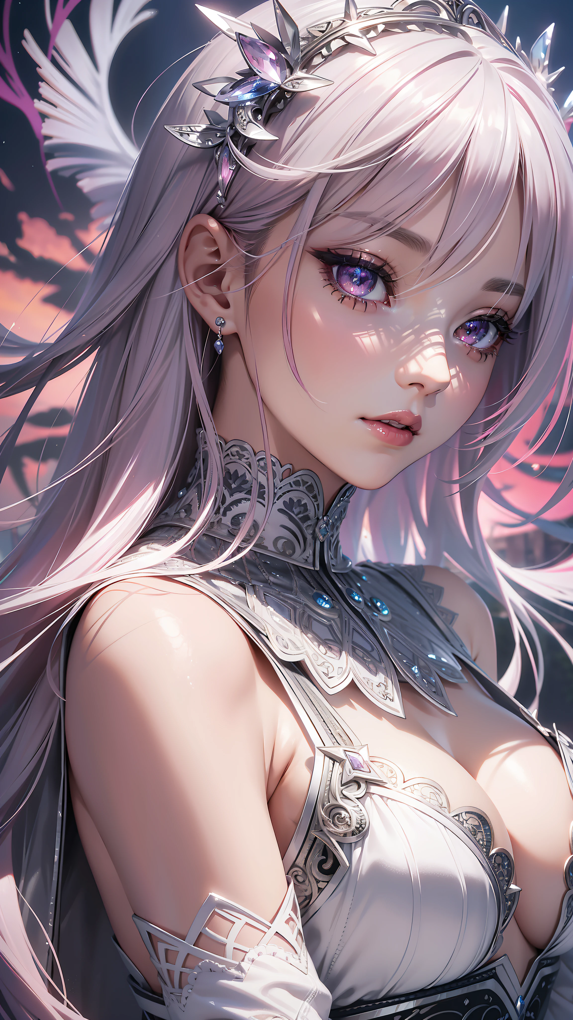 Realistic, Hyper Detail, yang woman, Layered Bob, Dynamic Lighting, ((Bold imaginative pose)), (Glossy skin: 1.5), Masterpiece, Top Quality, Absurdity, Watching Viewer, (silver and light pink Hair), deep Purple Clear Eyes,((Beautiful, detailed eyes, jewel-like eyes, colorful eyes, sparkling eyes:1.3)), Slender, High Resolution, Sharp Focus, Depth of Field, Detail Eyes, Sharp Eyes, (Realistic Eyes)), outdoors, sunrise sky, (attractive delicate design river trimmed lace dress, (intricately patterned silver armor wearing): 1.3))