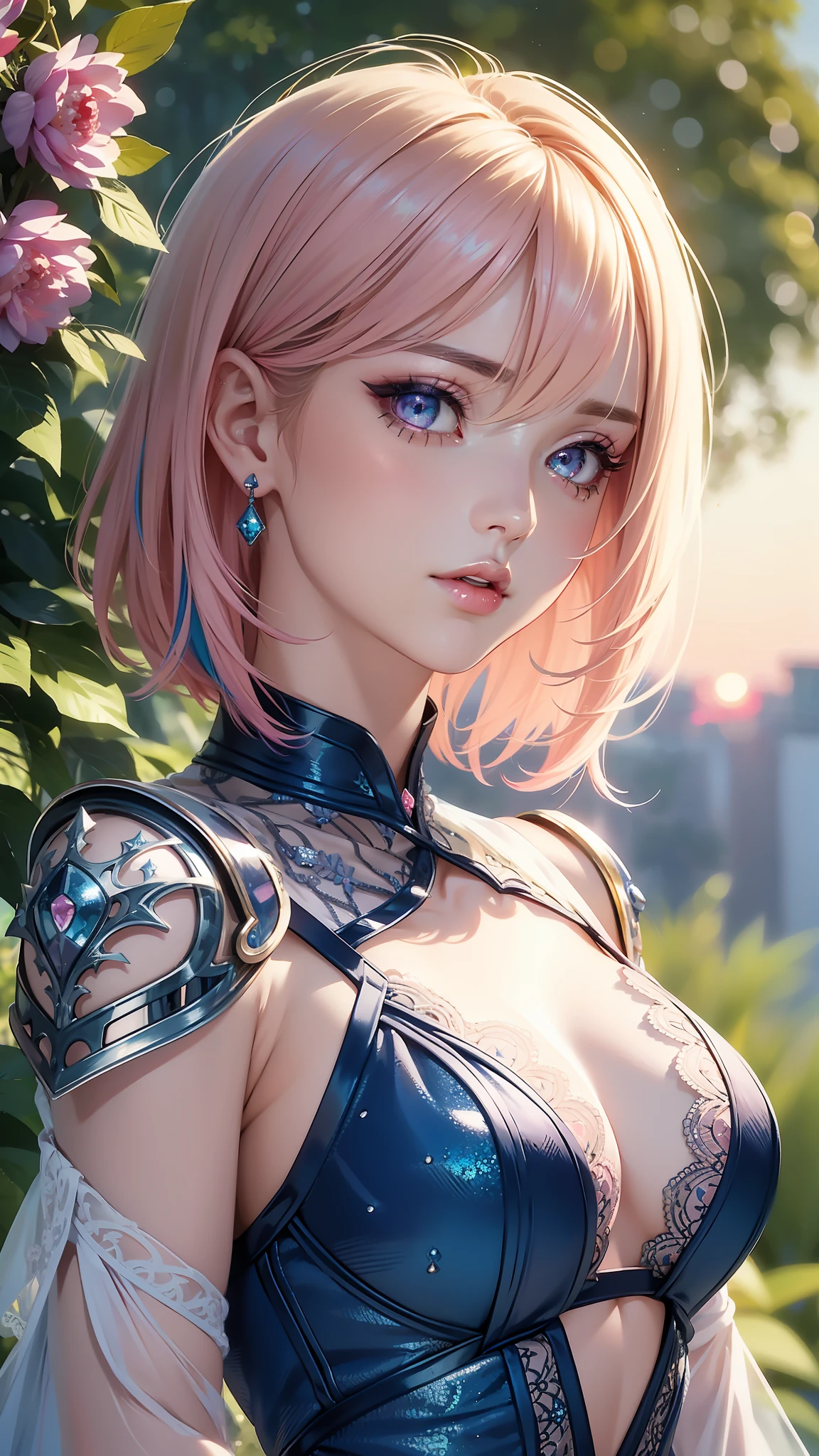 Realistic, Hyper Detail, Girls Only, Layered Bob, Dynamic Lighting, ((Bold imaginative pose)), (Glossy skin: 1.5), Masterpiece, Top Quality, Absurdity, Watching Viewer, (Blonde and Pink Hair), deep Purple Clear Eyes,((Beautiful, detailed eyes, jewel-like eyes, colorful eyes, sparkling eyes:1.3)), Slender, High Resolution, Sharp Focus, Depth of Field, Detail Eyes, Sharp Eyes, (Realistic Eyes)), outdoors, sunrise sky, (attractive delicate design river trimmed lace dress, (intricately patterned blue sexy armor wearing): 1.3))