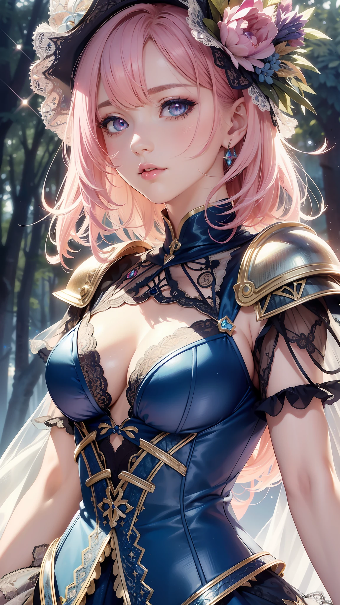 Realistic, Hyper Detail, Girls Only, Layered Bob, Dynamic Lighting, ((Bold imaginative pose)), (Glossy skin: 1.5), Masterpiece, Top Quality, Absurdity, Watching Viewer, (Blonde and Pink Hair), deep Purple Clear Eyes,((Beautiful, detailed eyes, jewel-like eyes, colorful eyes, sparkling eyes:1.3)), Slender, High Resolution, Sharp Focus, Depth of Field, Detail Eyes, Sharp Eyes, (Realistic Eyes)), outdoors, sunrise sky, (attractive delicate design river trimmed lace dress, (intricately patterned blue sexy armor wearing): 1.3))