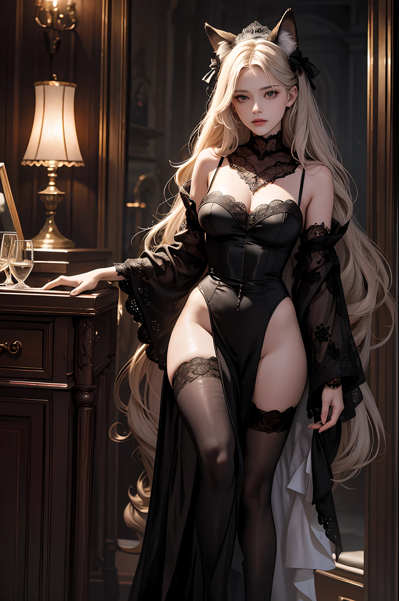 Official Art, Unity 8k Wallpaper, Super Detailed, Beautiful, Beautiful, Masterpiece, Top Quality, Too Classy, Unrivaled,
darkness, atmosphere, mystery, romanticism, ??????, creepy, literature, art, fashion, Victorian, decoration, complexity, silverware, lace, contemplation, emotional depth, supernatural,
1 Girl, fox ears, solo, composed of neck, thighs up