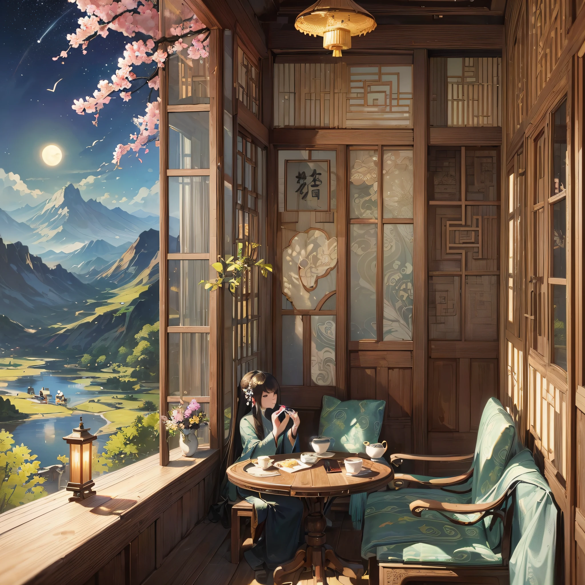 (exquisite Chinese ink painting, high quality, picturesque scene),(calm and peaceful, tranquil atmosphere),cottage surrounded by mountains, (wind chimes sound:1.2, shining sun and full moon),(fragrant flowers:1.3, tranquil stream), happy ducks, (walking hand in hand, sunset by the river), majestic mountain view, (starlight:1.1, moonlight:1.1, dancing shadows),(sipping tea:1.2, playing pipa with jade hands),(bamboo cup:1.1, enjoying tea by the window), (silk strings of the pipa:1.3, melodious music), poetic and romantic. --auto --s2