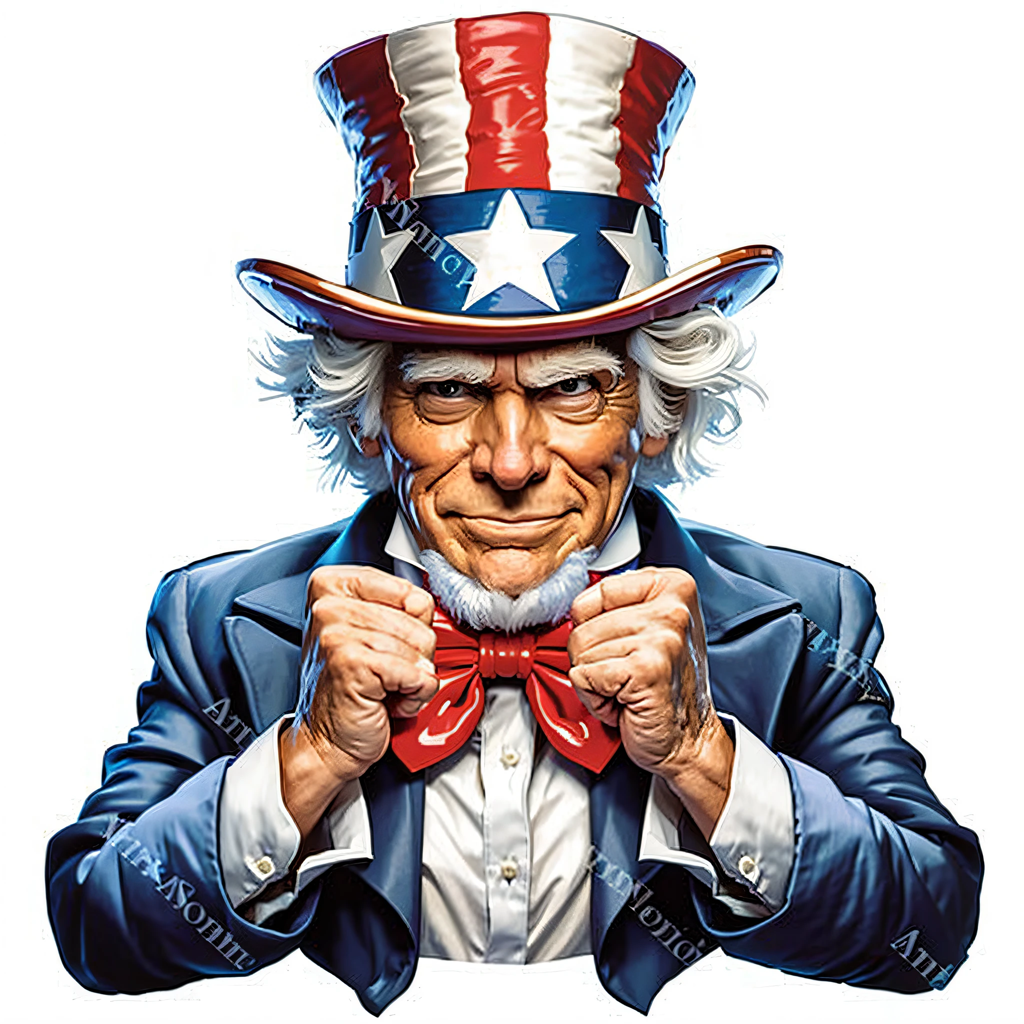 uncle in a top hat and bow tie with his hands crossed, uncle sam, patriotic!, by Joe Jusko, by Randy Gallegos, 4th of july, by Hugh Hughes, inspired by Joe Jusko, by Dave Arredondo, by Jason Edmiston, patriot, american man, by Tom Wänerstrand, fourth of july --auto --s2