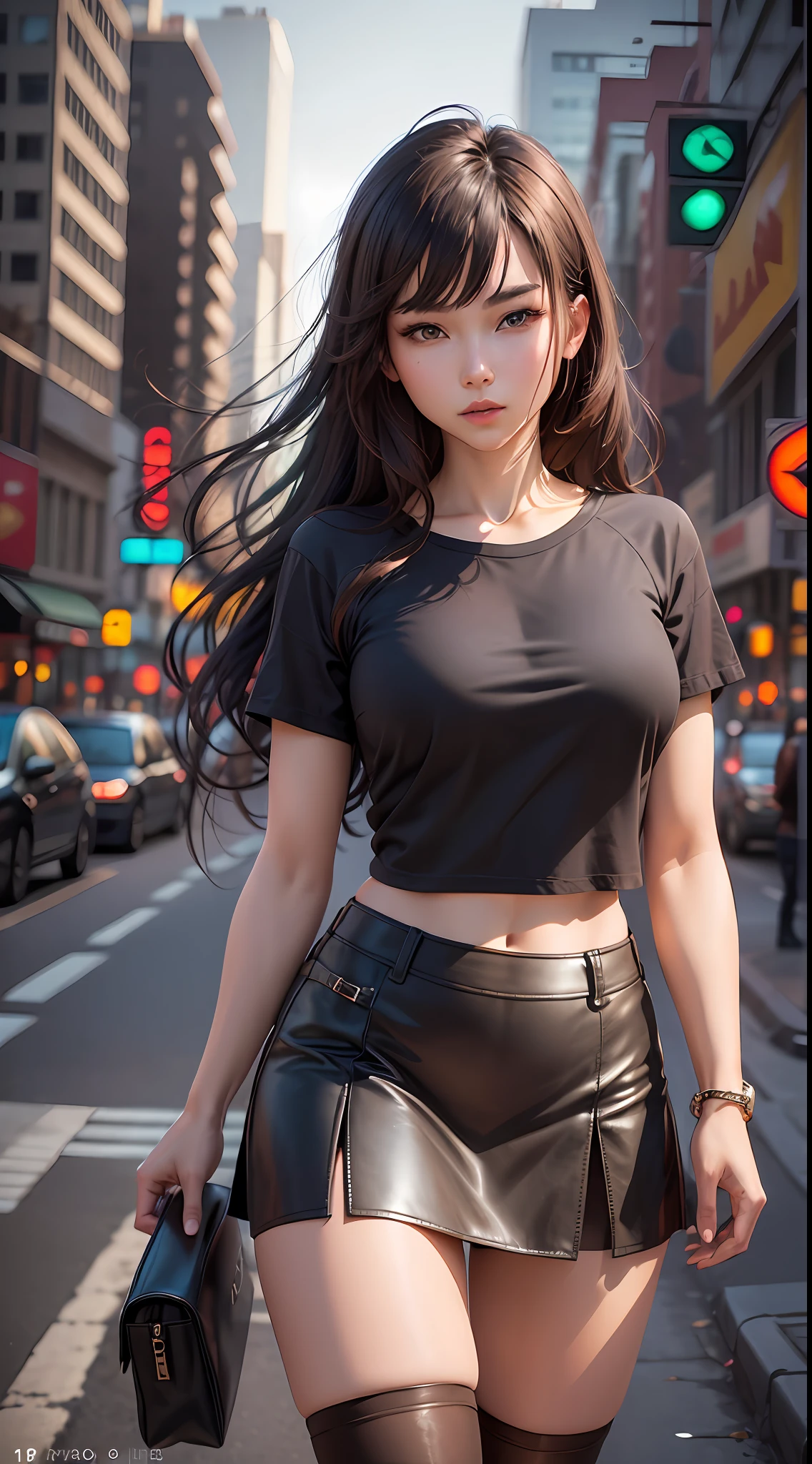 ((Realistic lighting, Best Quality, 8K, Masterpiece: 1.3)), Focus: 1.2, 1girl, Chinese beauty in perfect shape: 1.4, Slim abs: 1.1, ((dark brown hair)), (White T-shirt: 1.4), (Outdoor, Night: 1.1), City streets, Super fine face, Fine eyes, Double eyelids, Miniskirt, (Over the knee black stockings: 1.5) --auto --s2