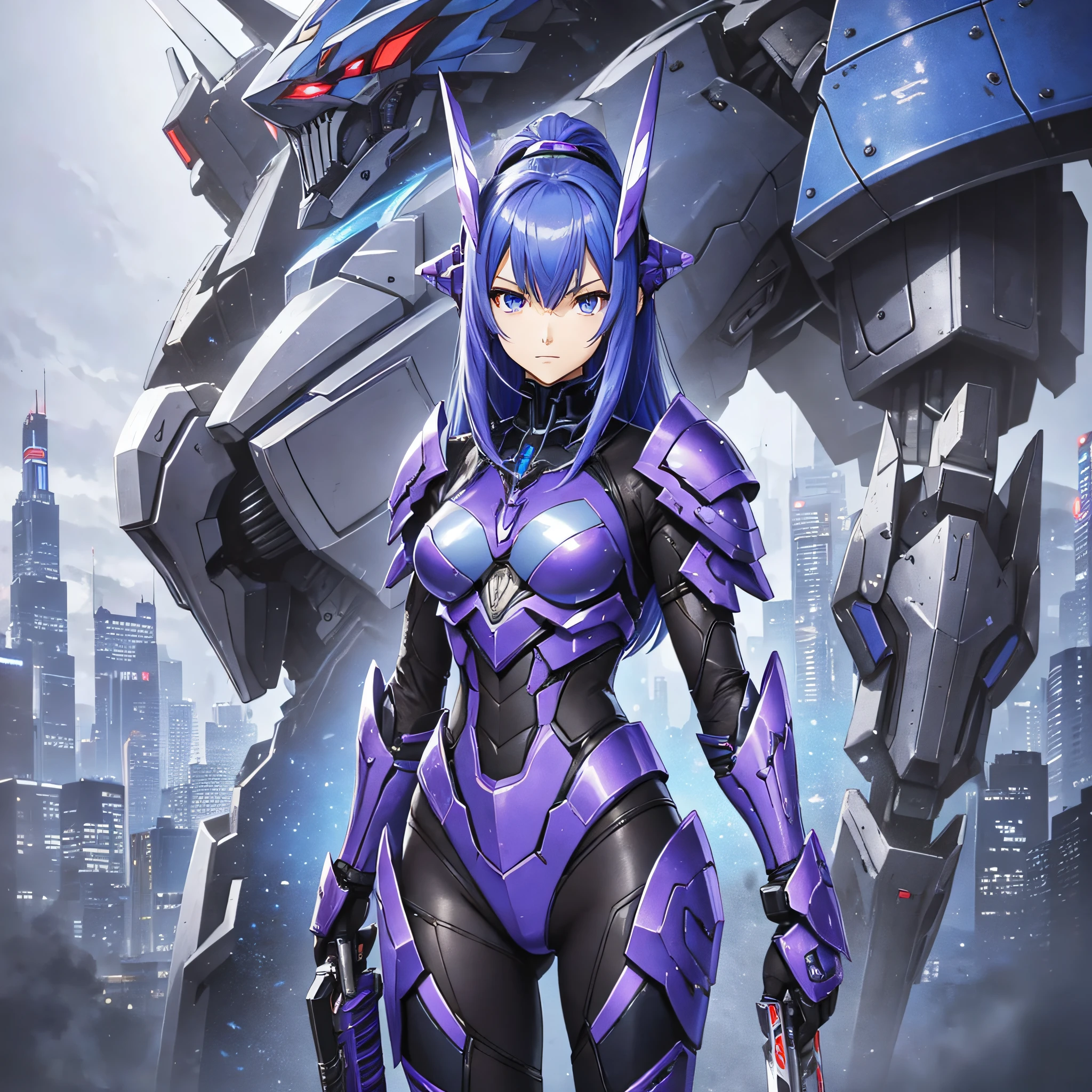 Blue and purple paint, close-up portrait of a person in costume with a sword, cyber japan style armor, cyber japan armor, guyver style, girl in armor, monster hunter armor, full body mecha suit, perfect anime cyborg woman, cyborg noble woman, mecha cyber armor girl, detailed full body concept, female armor, anime character. Full Body Art --auto --s2