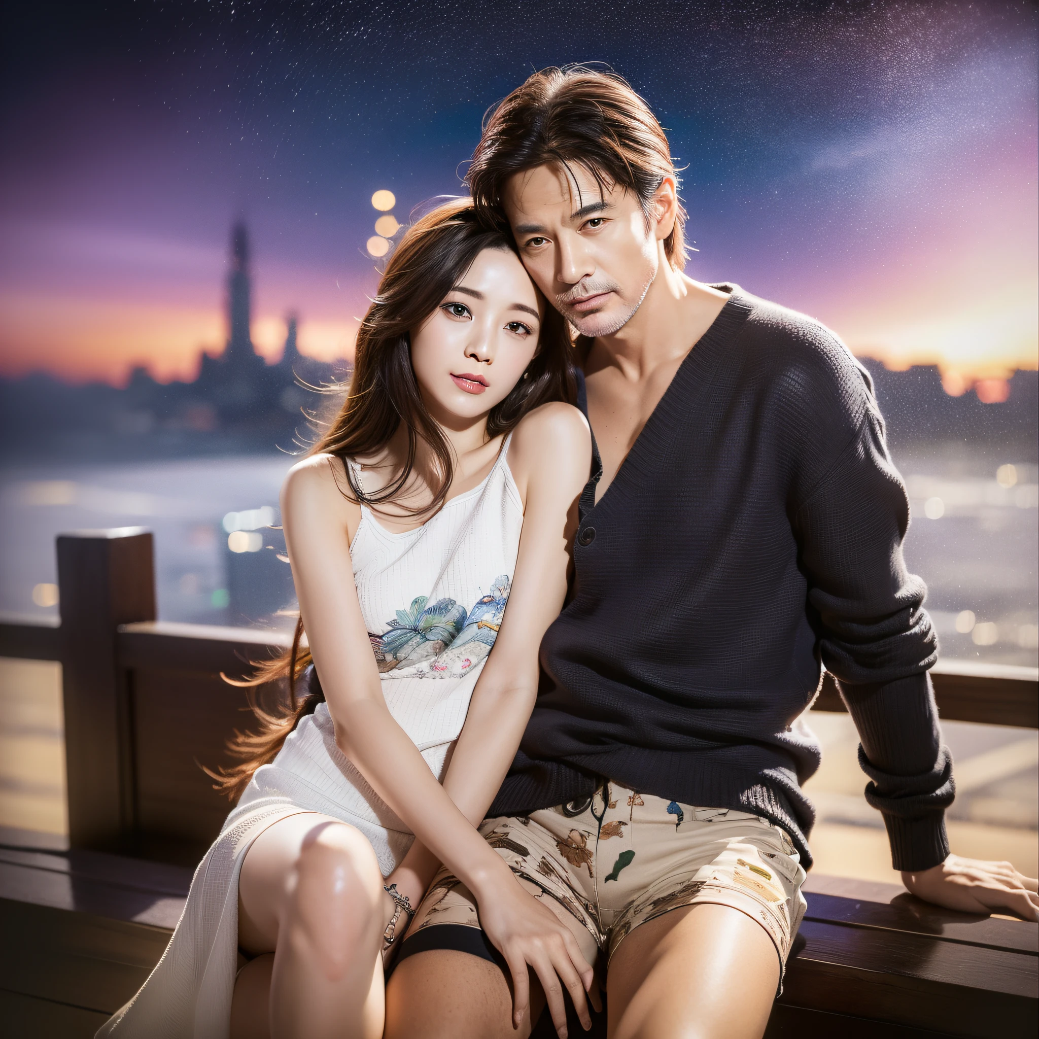Top quality, Masterpiece, Ultra high definition, Photorealistic photography, Full body, (1 man, 50 years old, 1 girl), couple, happy, break "leaning on each other", "shoulder to shoulder", "happy atmosphere", "Way home" almond eyes, photorealistic, ultra high resolution, top quality, Japan girl, (natural skin texture, detailed skin, hyper-realism, ultra-sharpness), intricate details, depth of field