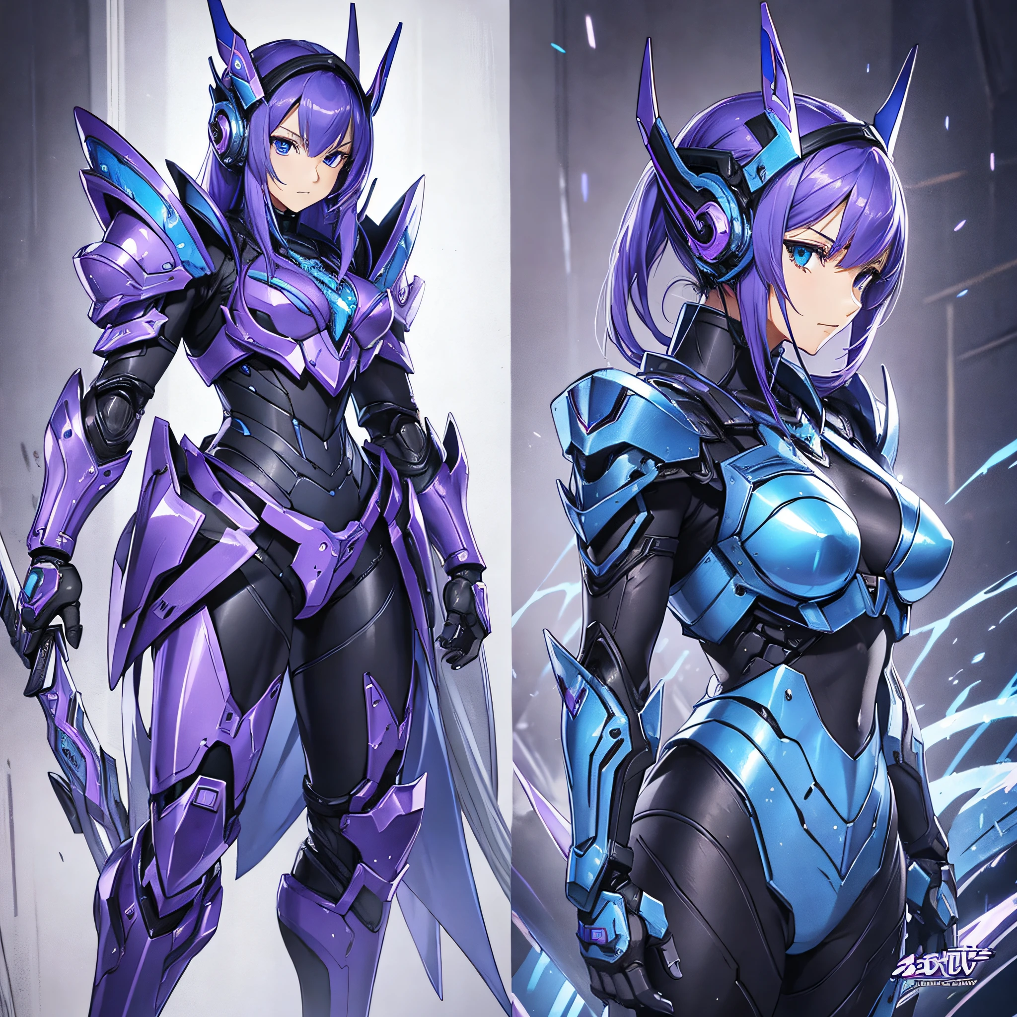 Blue and purple paint, close-up portrait of a person in costume with a sword, cyber japan style armor, cyber japan armor, guyver style, girl in armor, monster hunter armor, full body mecha suit, perfect anime cyborg woman, cyborg noble woman, mecha cyber armor girl, detailed full body concept, female armor, anime character. Full Body Art --auto --s2
