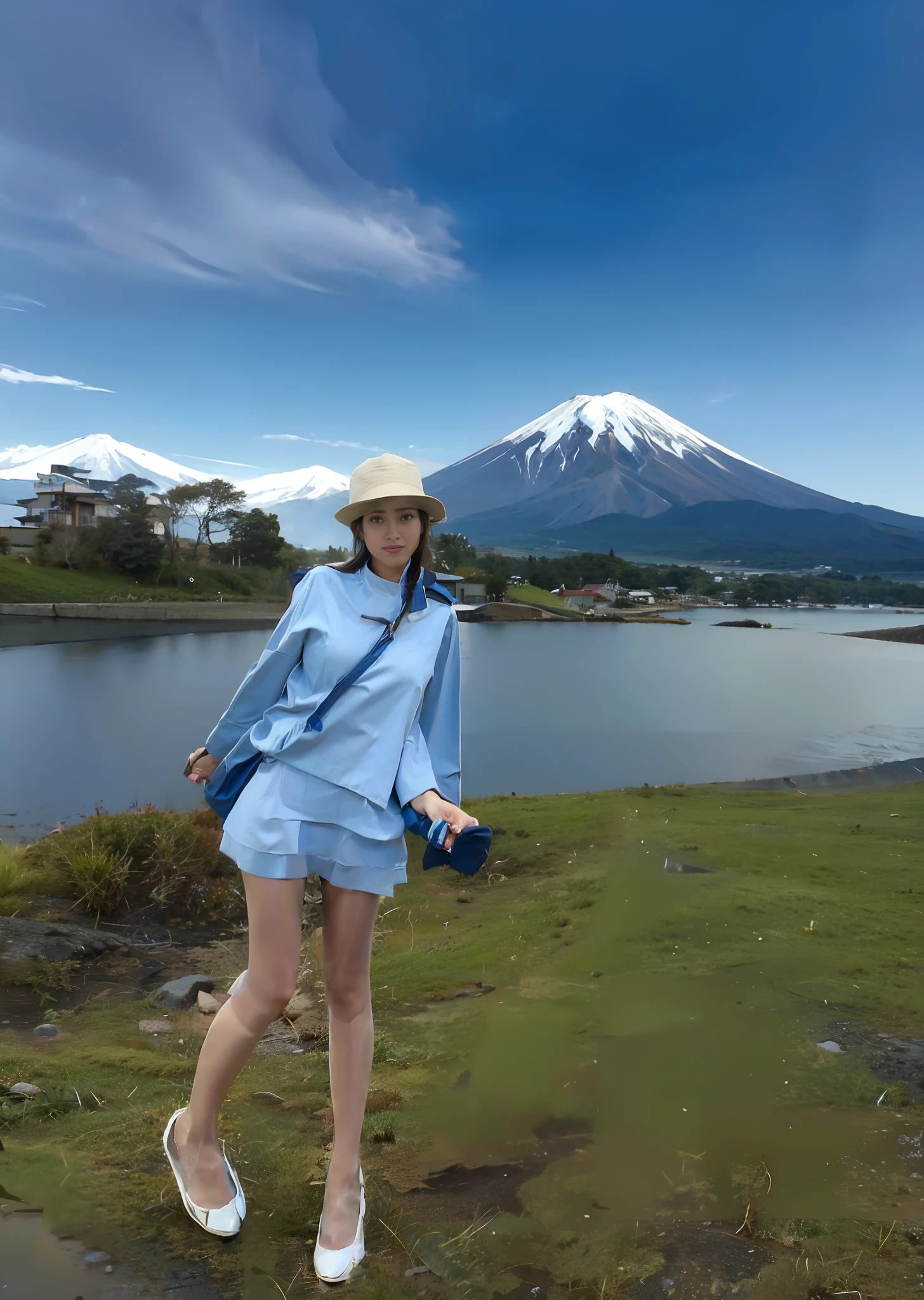 arafed woman in a blue shirt and white skirt and a hat, 8k)), mount fuji in the background, 奈良美智, with a volcano in the background, chiho, けもの, 🚿🗝📝, sakimichan, with mountains in the background, moutain in background