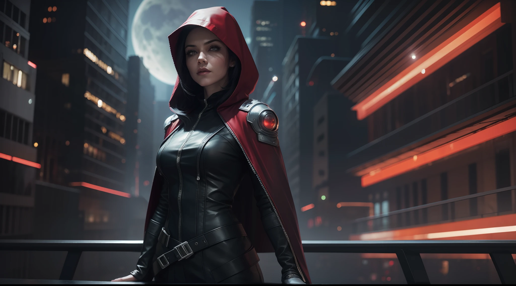 a woman, standing on a ledge overlooking a city at night, stylized urban fantasy art, blood moon background, wearing hooded science fiction cape, digital cyberpunk, modern science fiction, dark cyberpunk illustration, cyberpunk art, vibrant, photorealistic, hyperrealism, strong impressionist painting style, 1,618, elegant, ethereal, intricate, elaborate, hyper-realism, hyper-detailed, strong expressiveness and emotionality, cinematic lighting, visual clarity