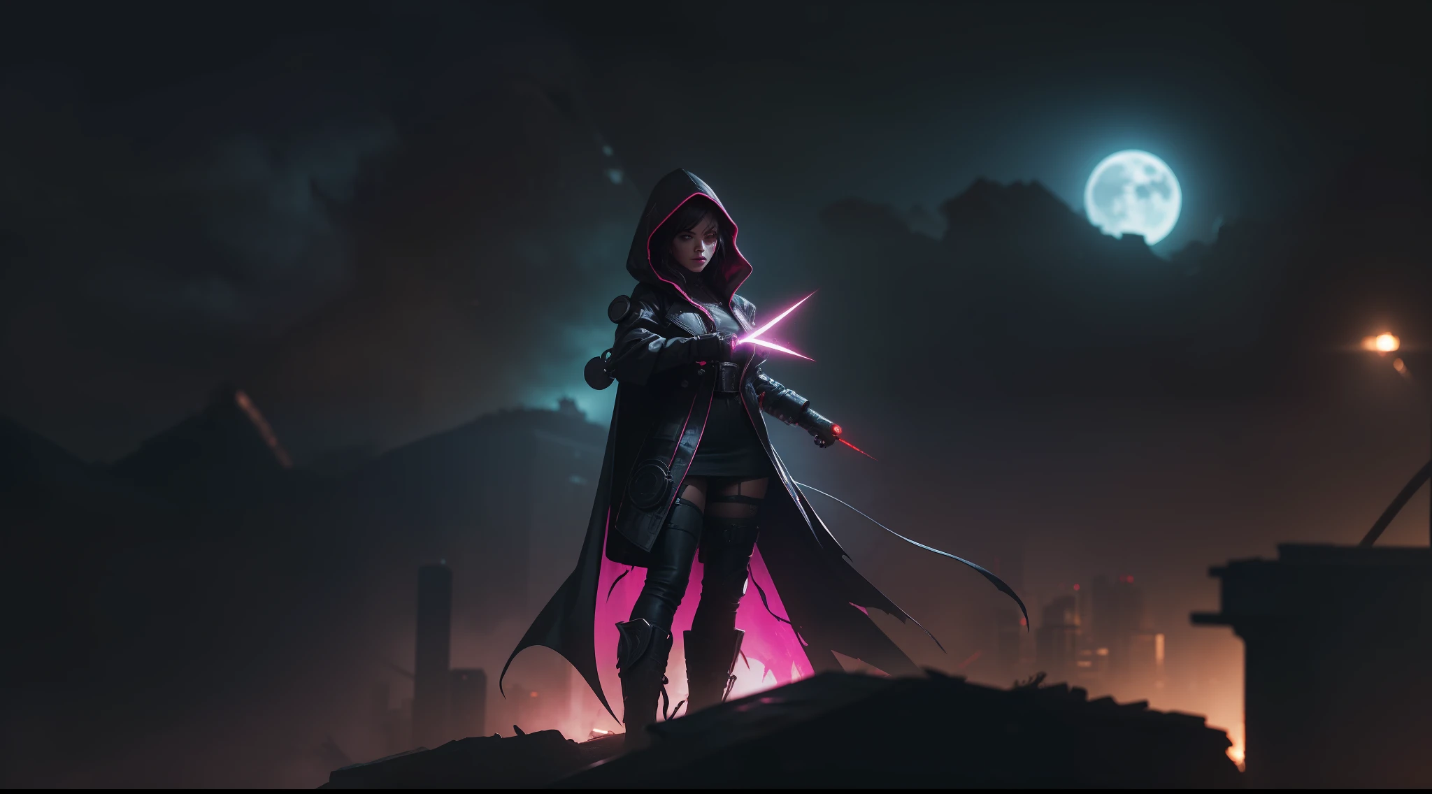a woman, standing on a ledge overlooking a city at night, stylized urban fantasy art, blood moon background, wearing hooded science fiction cape, digital cyberpunk, modern science fiction, dark cyberpunk illustration, cyberpunk art, vibrant, photorealistic, hyperrealism, strong impressionist painting style, 1,618, elegant, ethereal, intricate, elaborate, hyper-realism, hyper-detailed,  strong expressiveness and emotionality, cinematic lighting, visual clarity