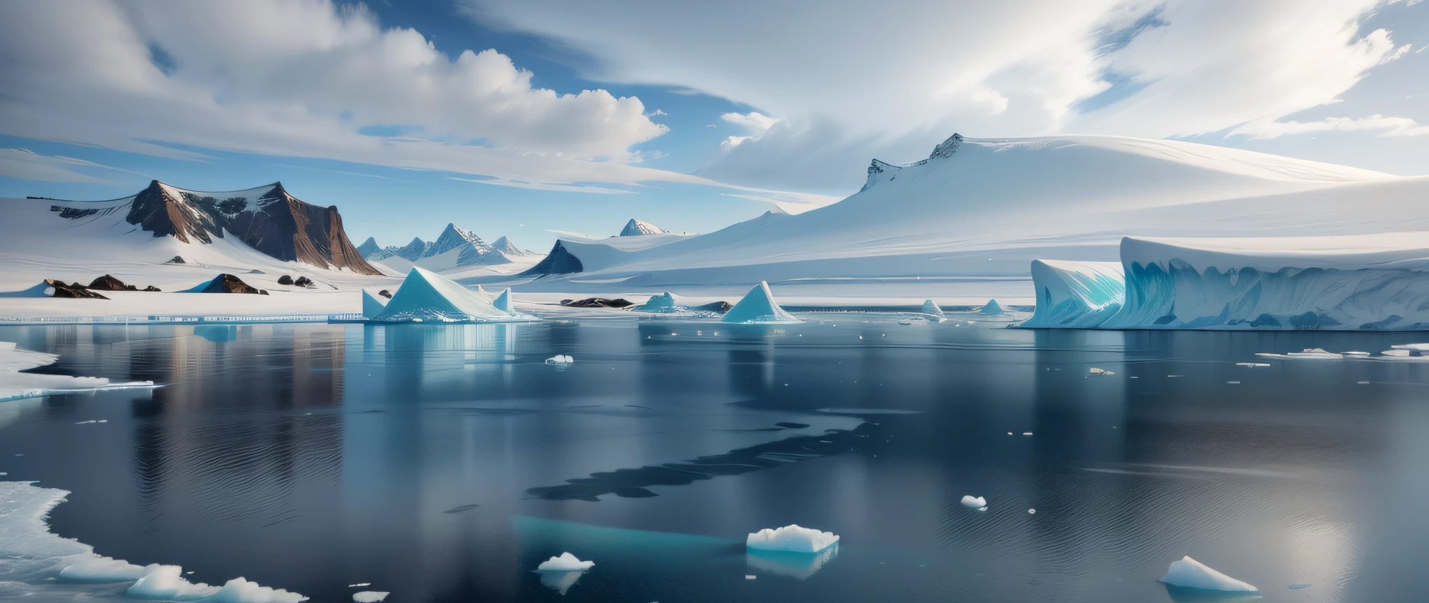 Clear water, flat ice floes, large ice floes in the foreground, blue gradient water, cartoon style, realistic elements, ray tracing, soft light, cartoon icebergs in the distance, Antarctic mountains --s --auto --s2