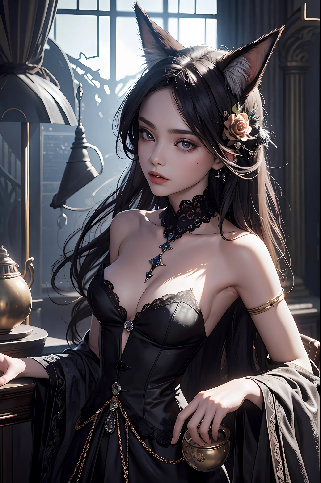 official art, Unity 8k wallpaper, super detailed, beautiful, beautiful, masterpiece, top quality, unrivaled, alchemist, alchemy kettle, darkness, atmosphere, mystery, romanticism, erotic, creepy, literature, art, fashion, victorian, decoration, complexity, silverware, lace, contemplation, emotional depth, supernatural, one girl, fox ears, solo, neck, chest composition