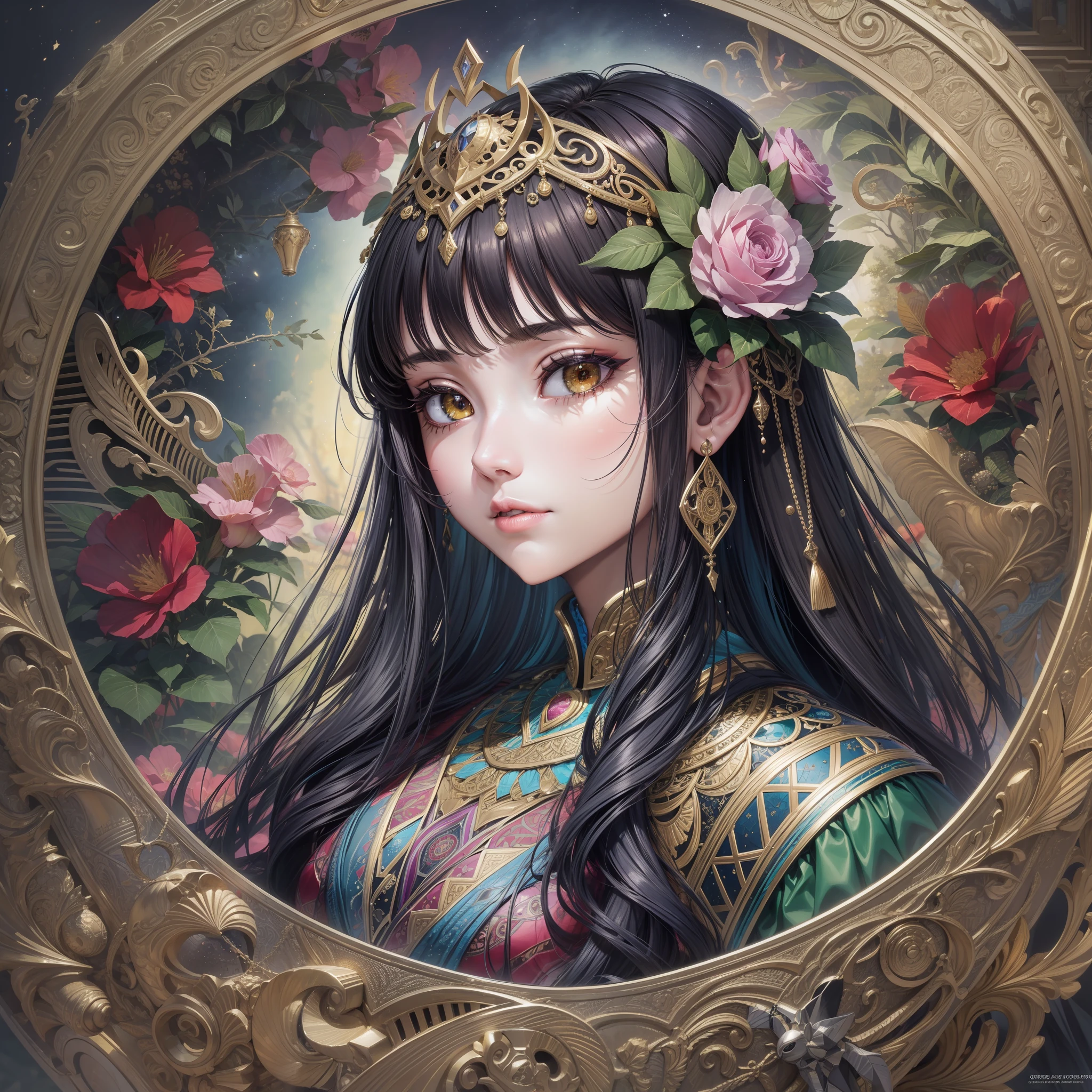 (Masterpiece, Top Quality, Best Quality, Official Art, Beauty and Aesthetics: 1.2), (1girl), Extreme Detail, Colorful, Highest Detail, Official Art, Unified 8k Wallpaper, Ultra Detailed, Beautiful and Aesthetic, Beautiful, Masterpiece, Best Quality, (Zentangle, Mandala, Tangled, Entangle), Gold Leaf, Gold Foil Art, Glitter Drawing, Demon, Dark, Layering,