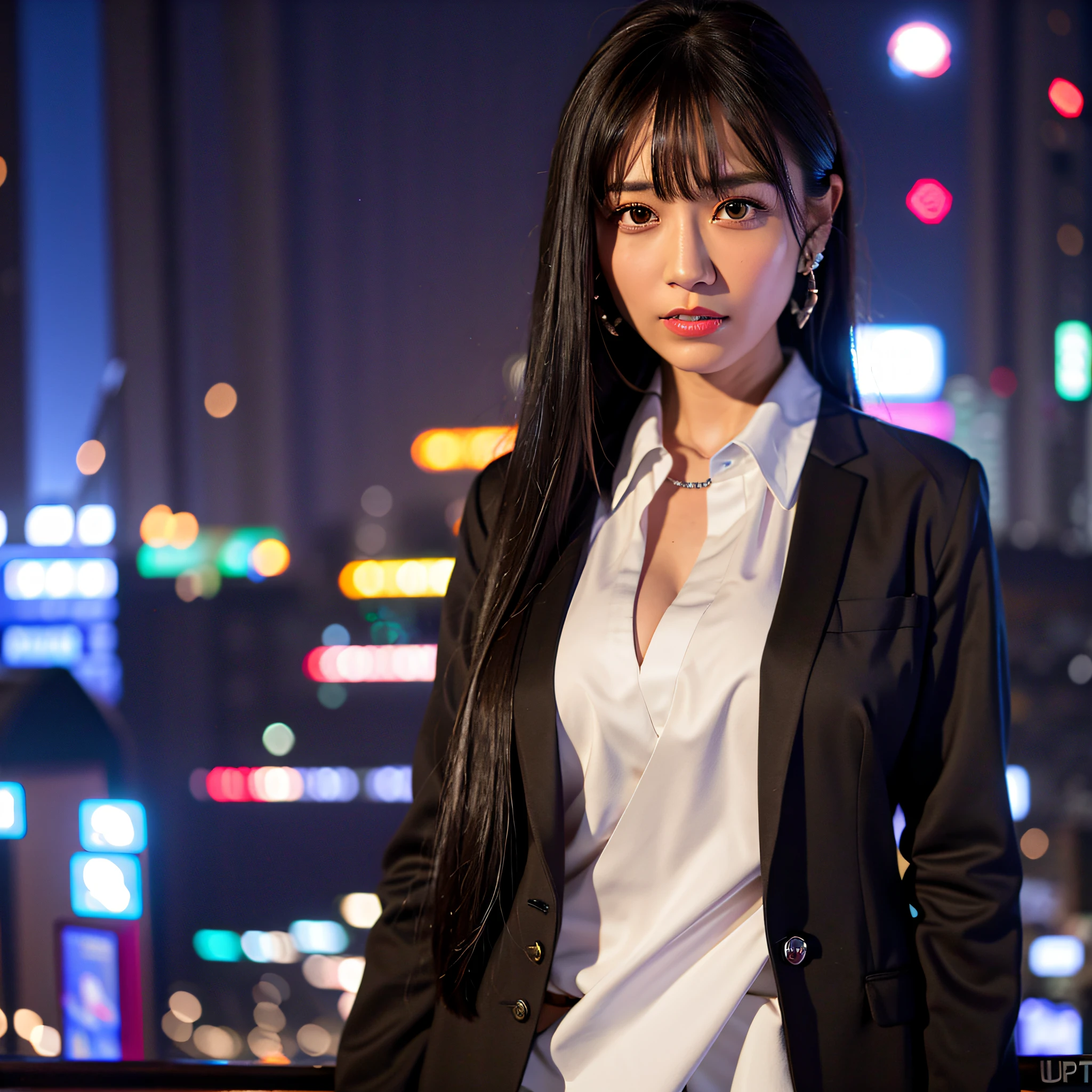 Nikon RAW photo,8 k,Fujifilm XT3,masterpiece, best quality, realistic, photorealistic,ultra detailed,1girl,solo,
close up portrait,
diamond stud earrings, long straight black hair, hazel eyes, serious expression, black blazer ,white shirt, white blouse, standing against a city skyline at night ,
saika1,