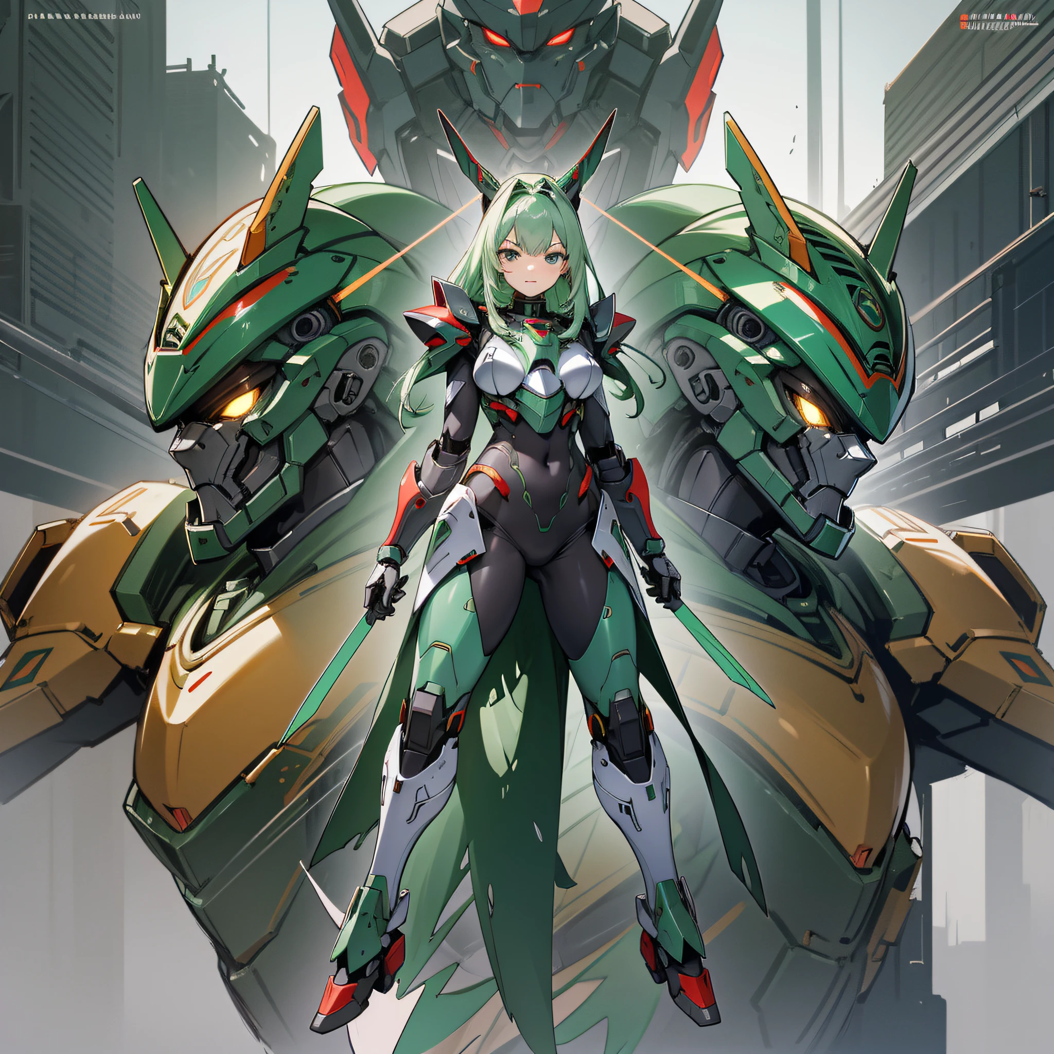 Green and red paint, close-up portrait of a person in costume with a sword, cyber japan style armor, cyber japan armor, guyver style, girl in armor, monster hunter armor, full body mecha suit, perfect anime cyborg woman, cyborg noble woman, mecha cyber armor girl, detailed full body concept, female armor, anime character. Full Body Art --auto --s2