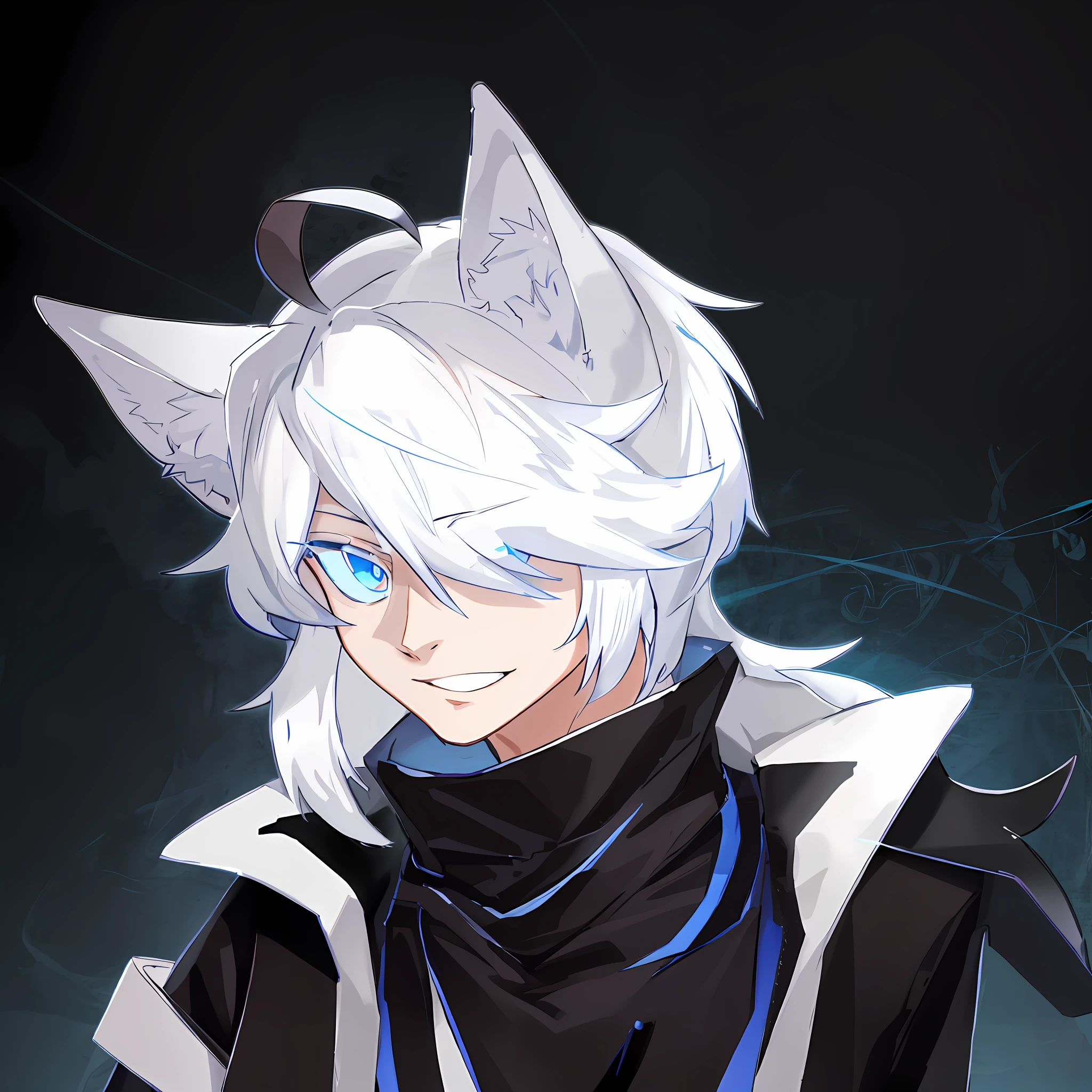 Anime boy with blue eyes and cat ears, tall anime man with eyes, he has white hair, anime style, 2 D anime style, anime style character, flat anime style shadow, sly smile, human wolf, long-haired humanoid flsona, vector coloring anime, subtle anime style (full body)