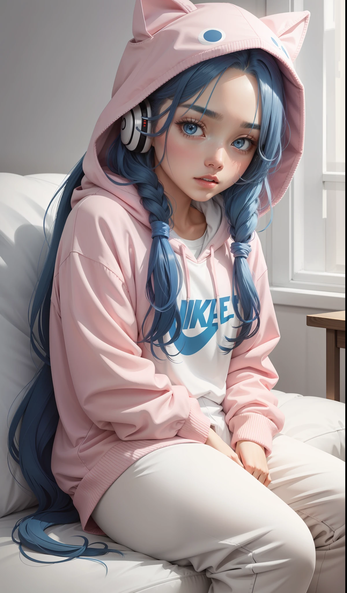 A woman in a white shirt and hooded animal pajamas is playing video games, gaming headsets, minimalist style, wearing cute plush pajamas, soft, simple clothes, milk and pink style, casual clothing style, modern fashion clothing, wearing fisherman, casual modern clothing, inspo, pink clothes, pink pants, neutral tones, rred and white color scheme, casual business wear, scary face, nike shoes, 23 years old, adult face, long hair, ((blue hair))