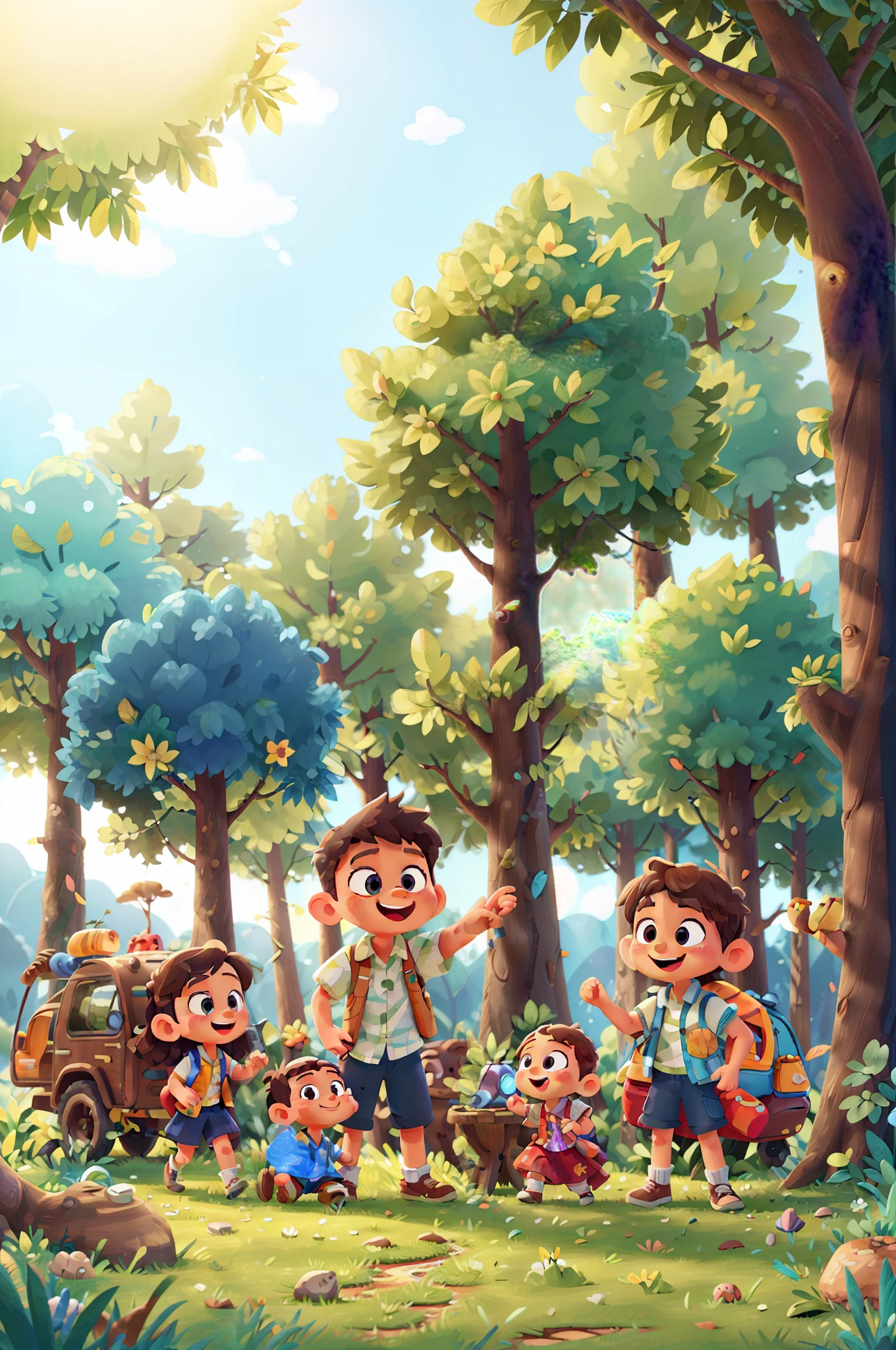 Best Quality, Extreme Detail, 8K, Masterpiece, Ultimate Light and Shadow, Flat Illustration, Vector, Forest, Bright Sun, Tree, Family, Cute: 2, Joyful Scene, Happy, Dancing, Camping, Blue Sky and White Clouds, Meadow, Stream,
