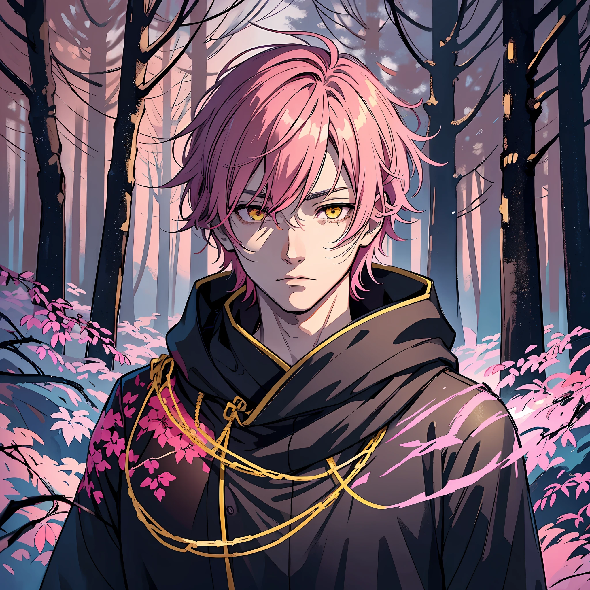 anime young  man, short deep pink hair, yellow eyes, cold and calm expression, in the deep dark woods, during night, dark black japanese-style clothing, close-up shot, --auto --s2