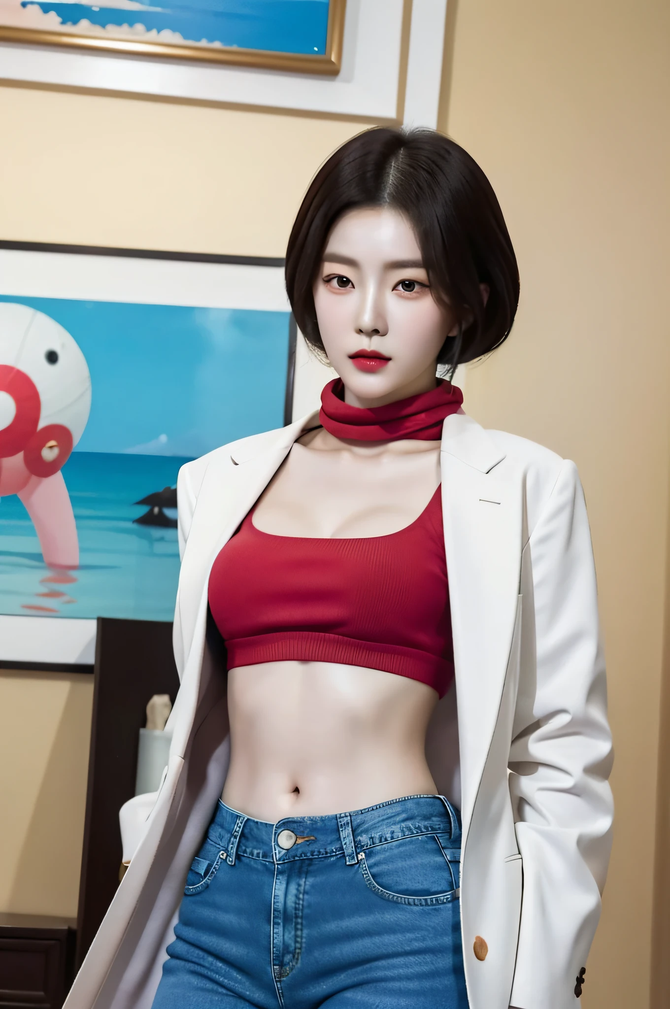 Outdoor, seaside, bikini, red scarf, plump breasts, ((big eyes)), abs, bright lipstick, asian woman in white coat and jeans, black belt, short hair, posing for photos, a realistic painting by Zhang Han, Instagram, Shin hanga, korean female fashion model, gorgeous korean young woman, beautiful korean woman, beautiful korean young woman, korean girl, gorgeous chinese model, korean woman, photo of slim girl model, sun unjoo, wearing a sexy cropped top