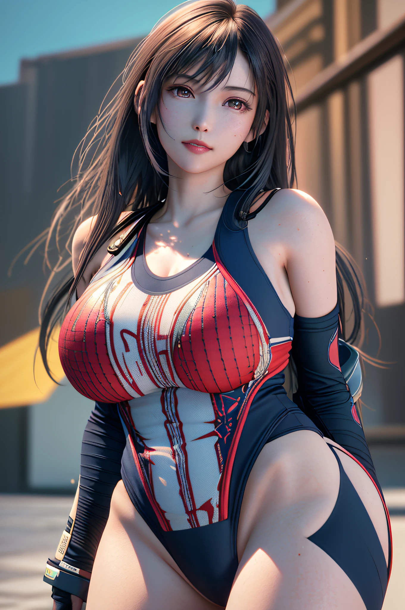 1 girl, (18-year-old girl), (upper body), (gigantic breasts:1.3), upper body, (realistic:1.7), ((best quality)), absurdres, (ultra high res), (photorealistic:1.6), photorealistic, octane render, (hyperrealistic:1.2), (photorealistic face:1.2), (8k), (4k), (Masterpiece), (realistic skin texture), (illustration, cinematic lighting,wallpaper), (red eyes), (beautiful eyes:1.2), ((((perfect face)))), (standing), (looking at viewer:1.2), (smile:1.3), (cute), (long hair), (one-piece race swimsuit), (((one-piece race swimsuit color is navy blue))), (arms behind back:1.4), (red lips:1.1), outdoors,