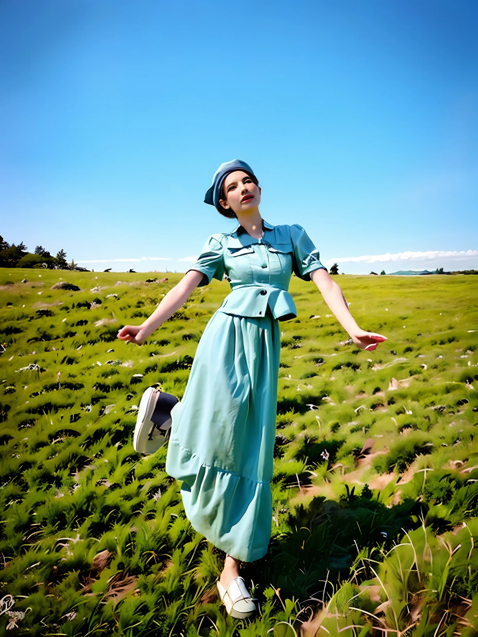 araffe woman in a dress and hat standing in a field, in a field, in a open green field, in a grass field, in a grassy field, standing in grassy field, standing in a grassy field, enjoying the wind, bright summer day, standing in a field, on a sunny day, in a large grassy green field, bright sunny day