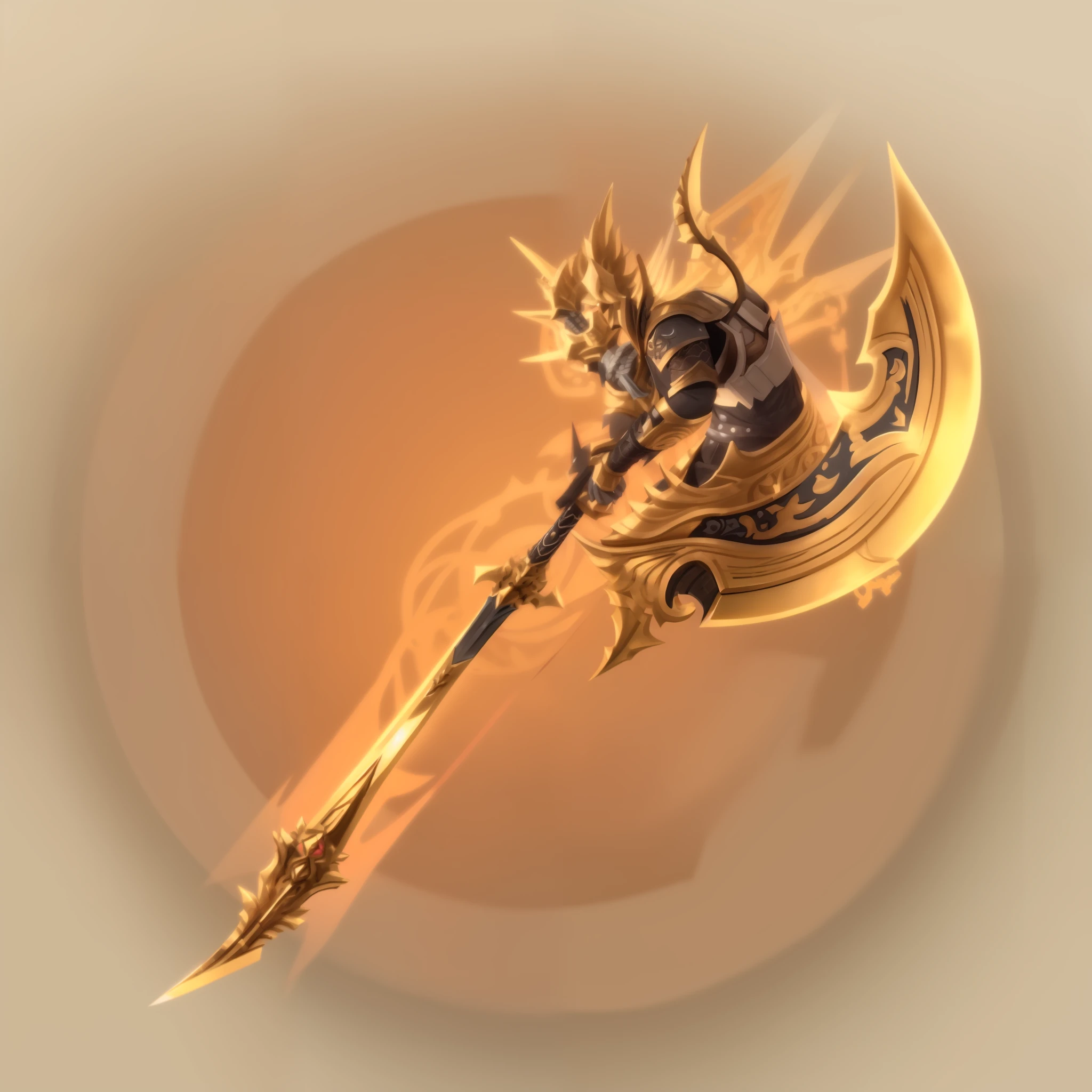 there is a very large golden sword with a big blade, glaive, war blade weapon, gold paladin, heise jinyao, intricate fantasy spear, warcraft blizzard weapon art, hybrid from dynasty warriror, anomander rake, fantasy scythe, polearm glaive, ornate korean polearm behind her, elegant gold skin, draconic staff