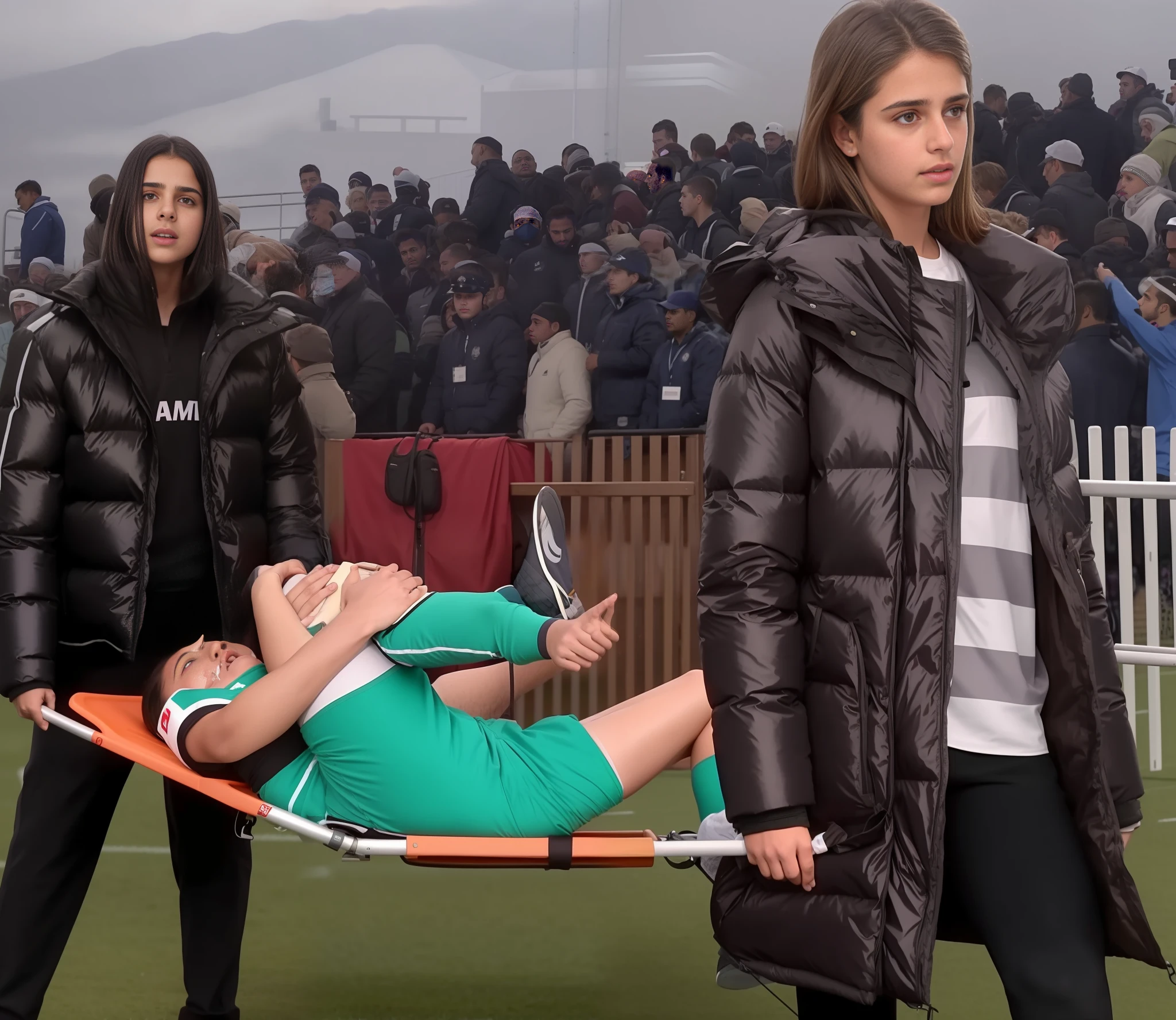 there is a man laying on a stretcher being carried by a woman, there is an injured man in a white sports dress grabbing his leg with both hands, an injured sports-star is holding his right leg with both hands, the injured athlete is screaming out in pain, injured, photo, photorealistic, photography, there is a photo of an indian teenage girl in a high-shine padded jacket who is carrying a stretcher inside a sports arena, there is a looking indian girl in high-shine puffer-jacket, a horrofied crying indian girl is wearing a shiny downjacket, Moncler, laquered black-and-white downjacket, , there is a young blond sportsman lying on his back on a stretcher, the sportsman on the stretcher is wearing a short sports outfit, there is a stretcher that is shining because of the pvc-fabric, the sportsman om the stretcher has put both hands over his agonised face, dramatic action pose, dramatic pity pose, dramatic rescue pose, first aid, medical scene, sports injury